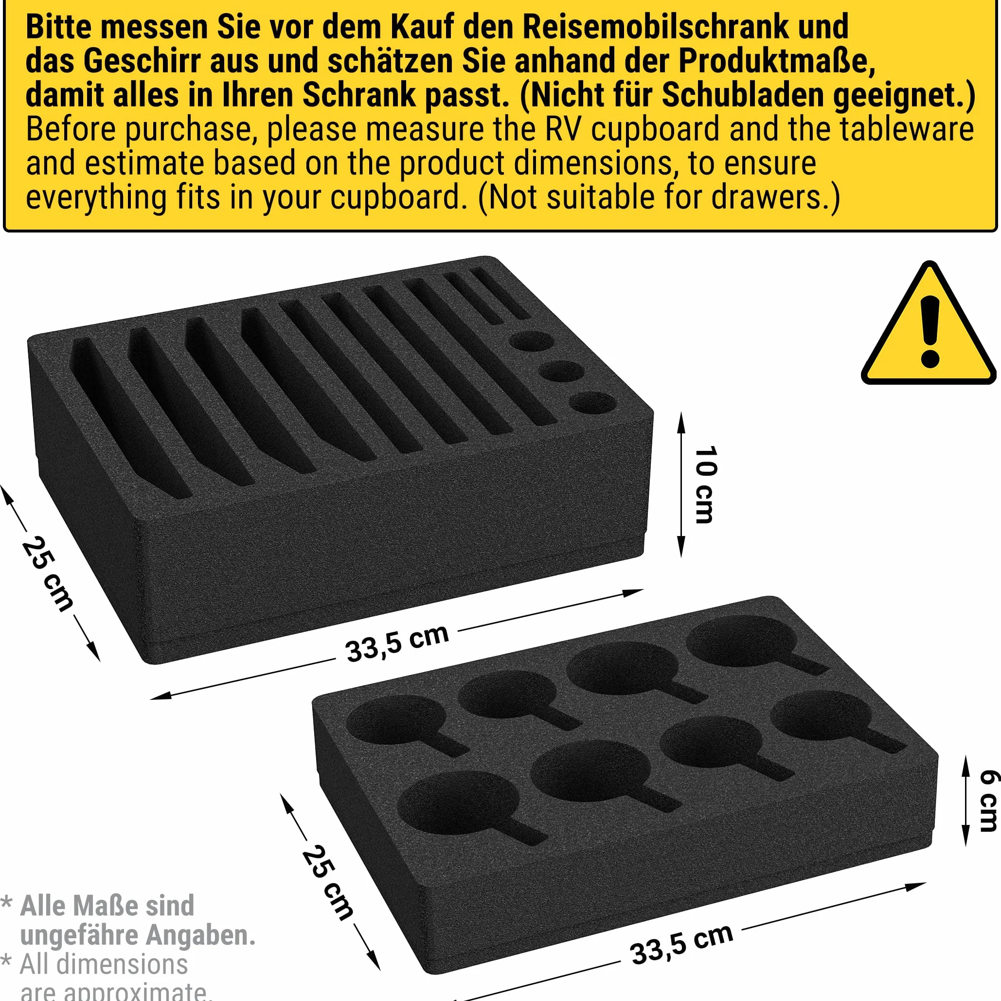 Siegvoll Juego de Soporte de Vajilla y Vasos de Espuma, Soporte para Cubiertos para 8 Platos + 8 Tazas (Compatible con Más Tamaños), para Camping, Caravanas, Autocaravanas y Barcos