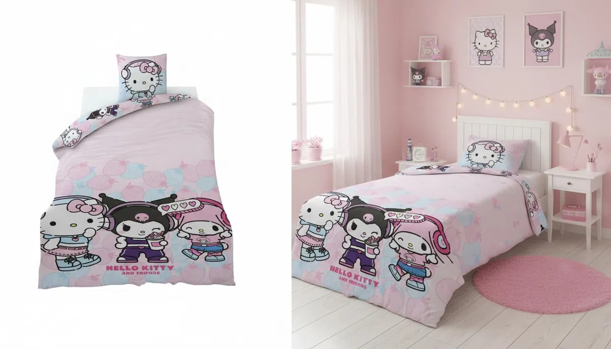 Hello Kitty Kuromi Funda Nórdica Cama 90 140x200 + Funda Almohada Rosa | Ropa de cama reversible | Polialgodón secado rápido | Hello Kitty & Friends Sanrio | Niña | Regalo | Lavable a máquina