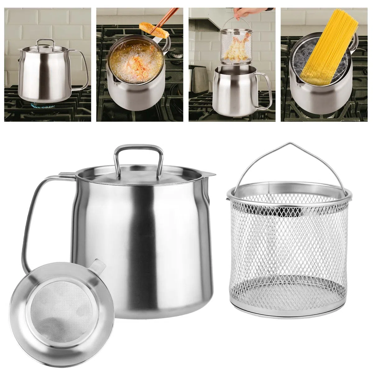 1.5L Recipiente Filtro Aceite, Versátil de Gran Capacidad Recipiente Aceite con Colador con Tapa de Colador y Cesta para Freír Oil Filter Pot para Cocina Camping Almacenar Alimentos con Grasa