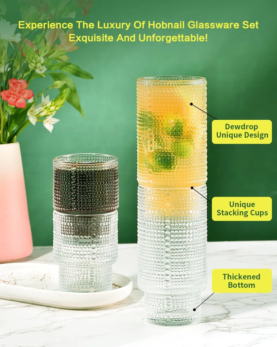 ISMASOAN Hobnail - Juego de 12 vasos de vidrio de 12 onzas y 7 onzas, cristalería de hoballo, cristalería vintage, vaso de agua romántico, vasos de beber, vasos Collins