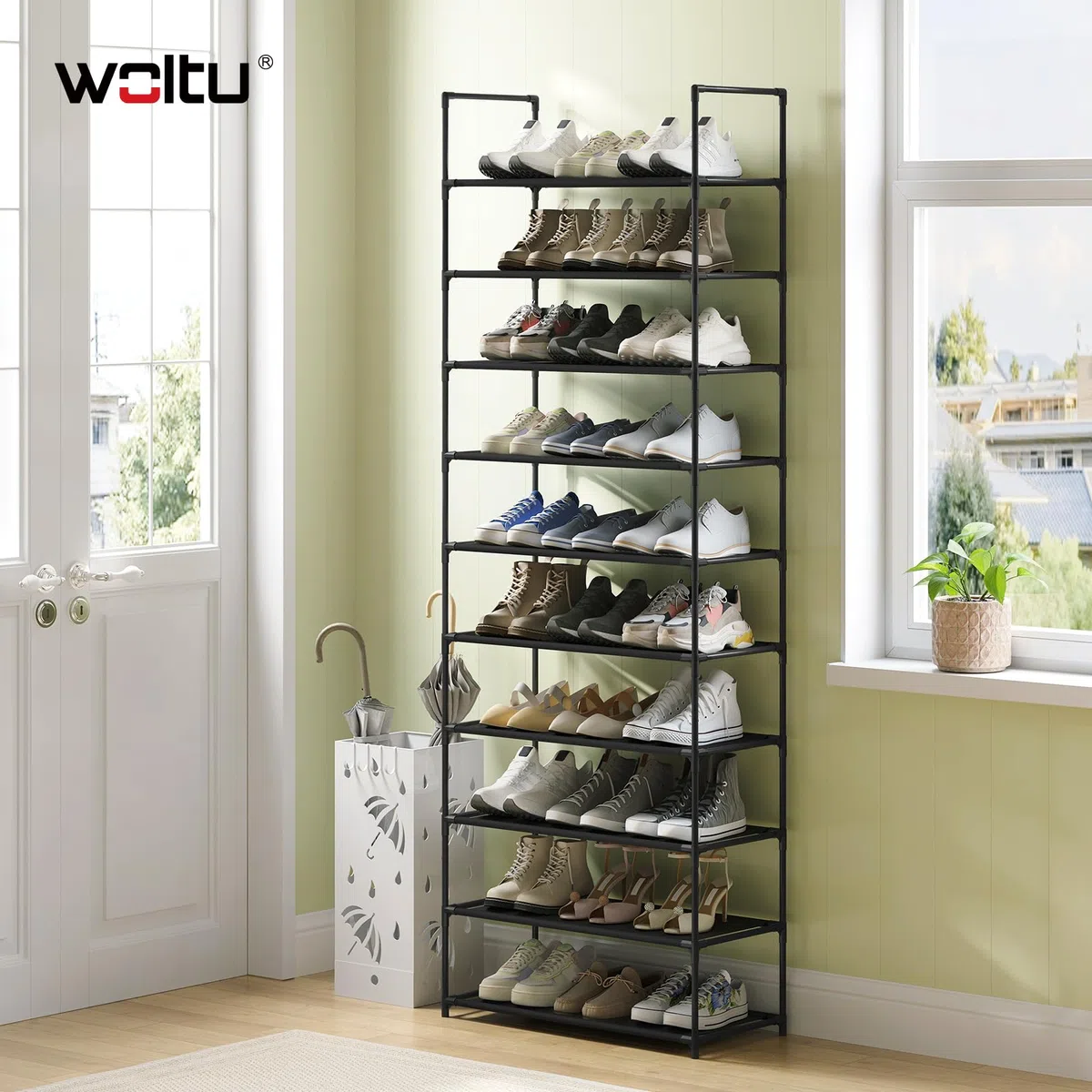 WOLTU Estantería de Zapatos, Zapatero de 10 Niveles, Organizador de Zapatos para Pasillo, Salon y Pasillo, Estantes de Metal, Estantes Estrechos y Extraíbles, 61x28x174 cm, Negro