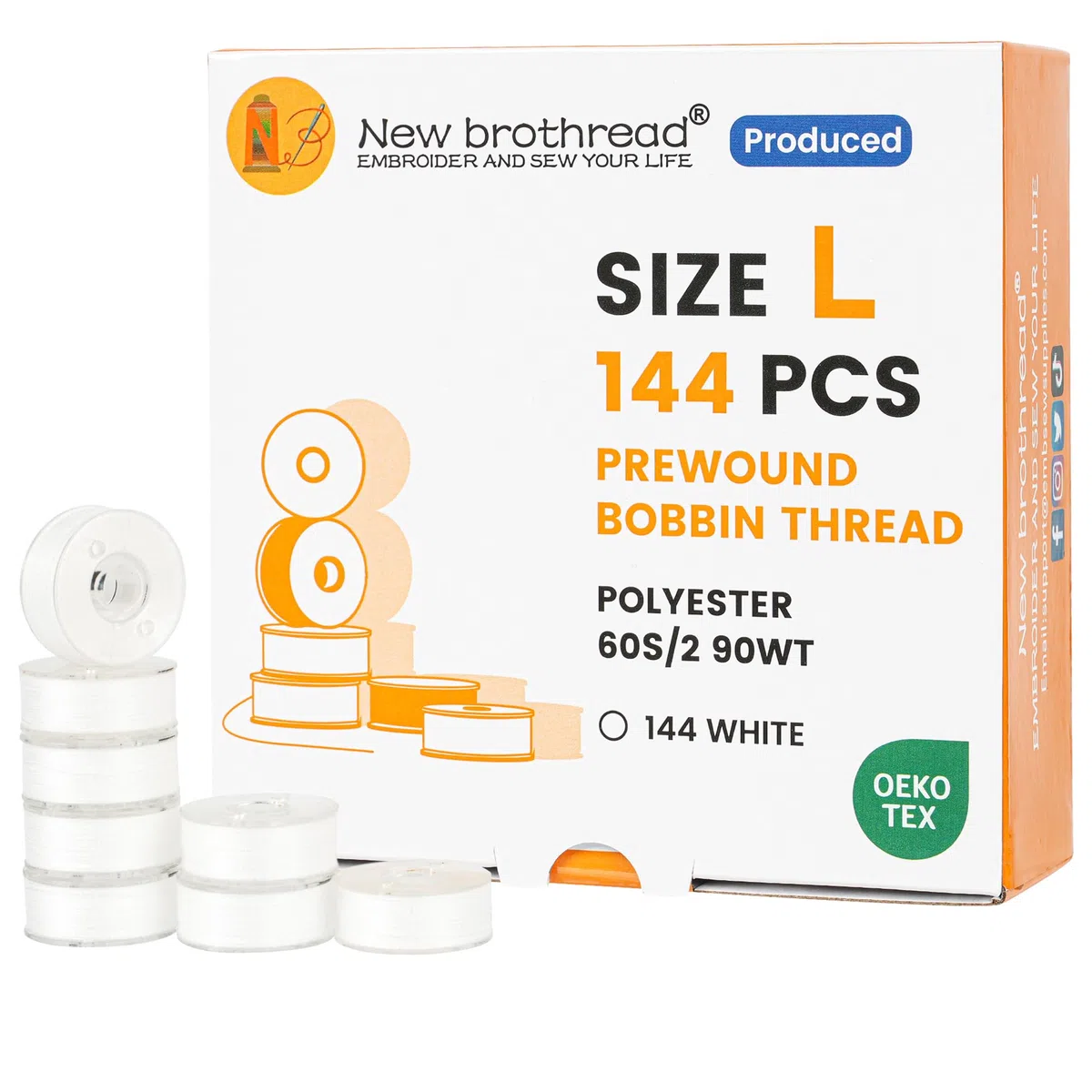 New brothread 144pcs Tipo L Tamaño (SA155) Blanco hilo de la canilla preenrollado Lado de plástico para máquinas de bordar y coser especificadas - 90wt