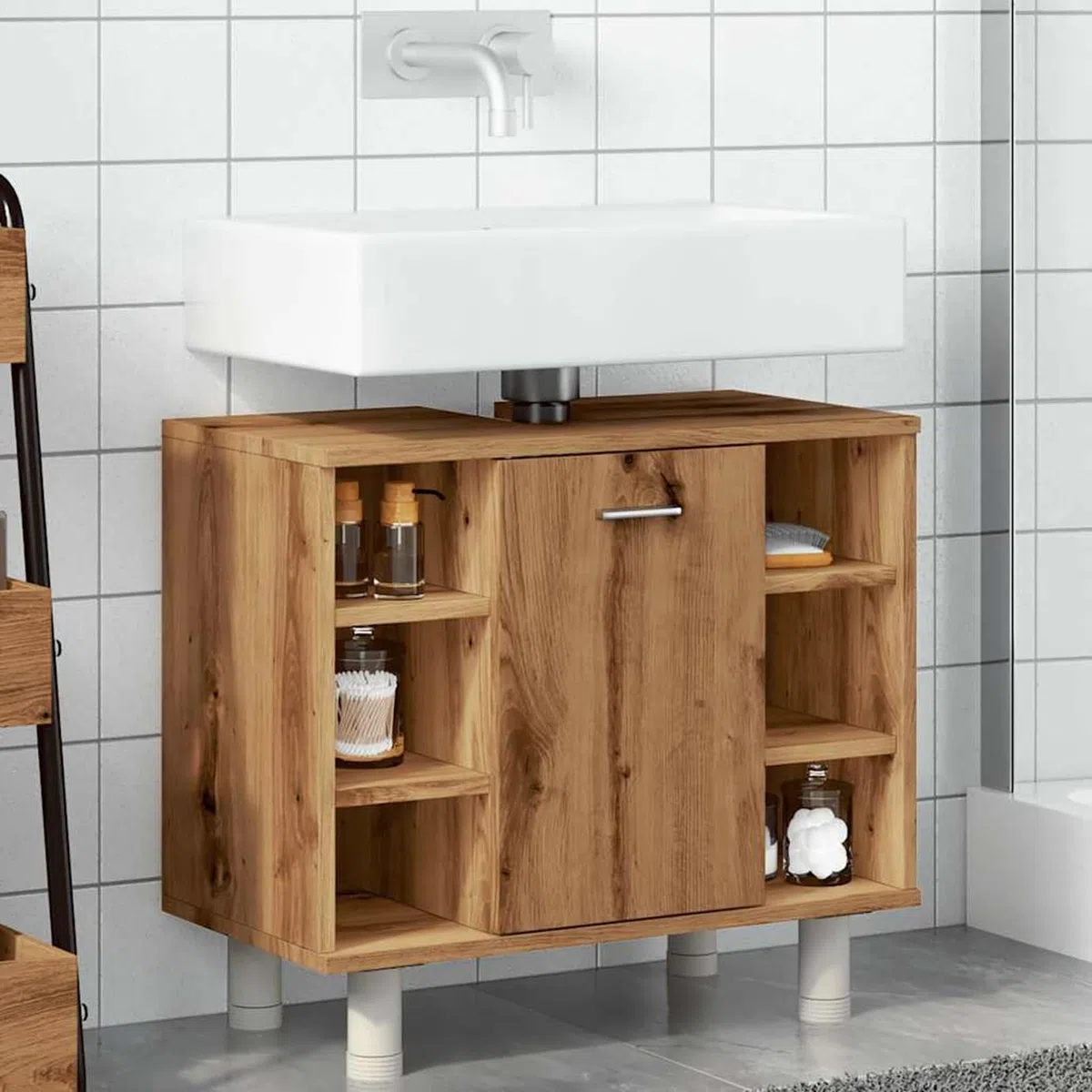 ATOMSTACK MAKER Mueble de baño Artisan, roble 60 x 32 x 53,5 cm, con 7 compartimentos y puerta, resistente a la humedad, armario de madera para un almacenamiento ordenado del baño, incluye soporte de