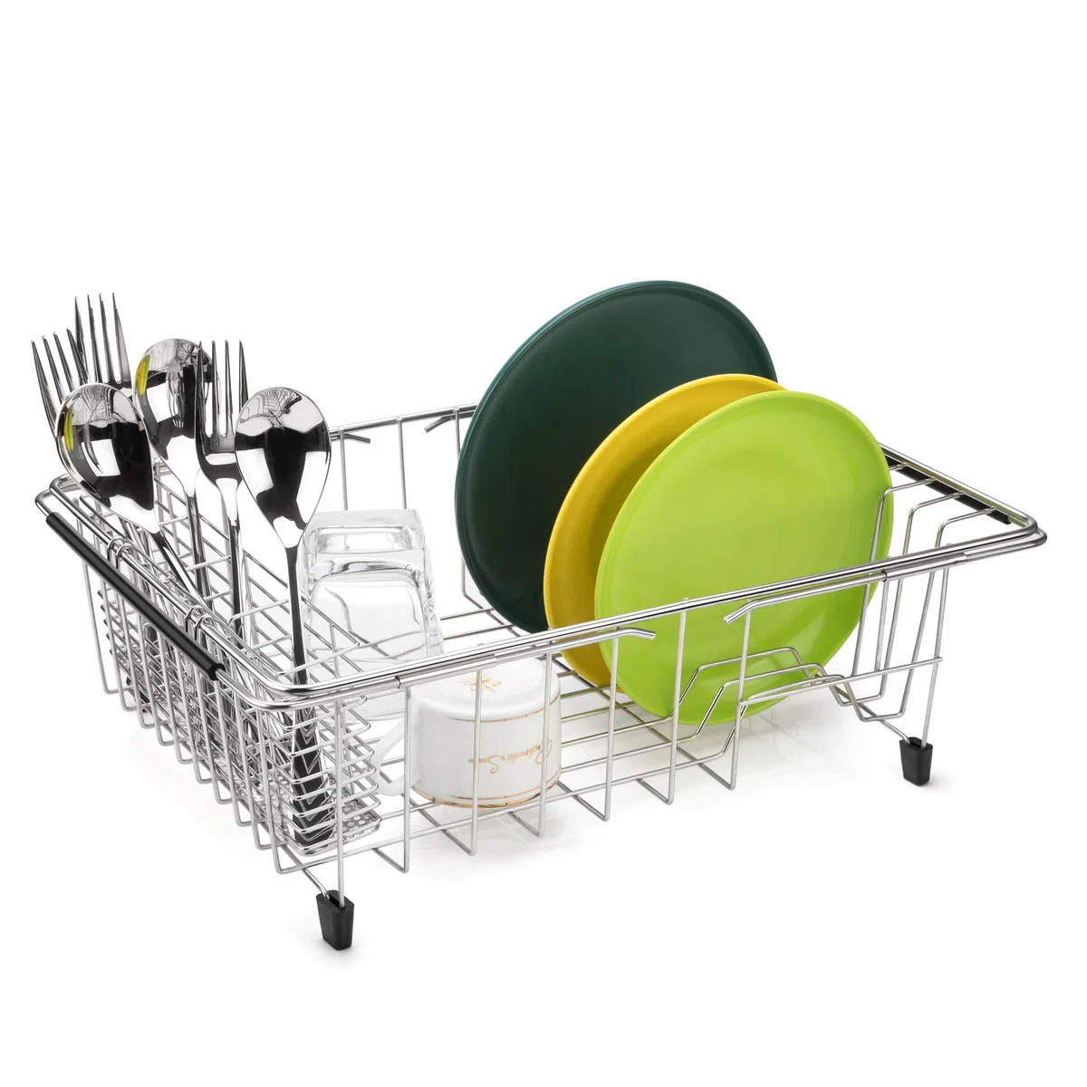 SANNO Escurridor de platos expandible, escurridor de platos grande con soporte de cubiertos de 4 divisiones, escurridor de platos en el fregadero en el mostrador, acero inoxidable