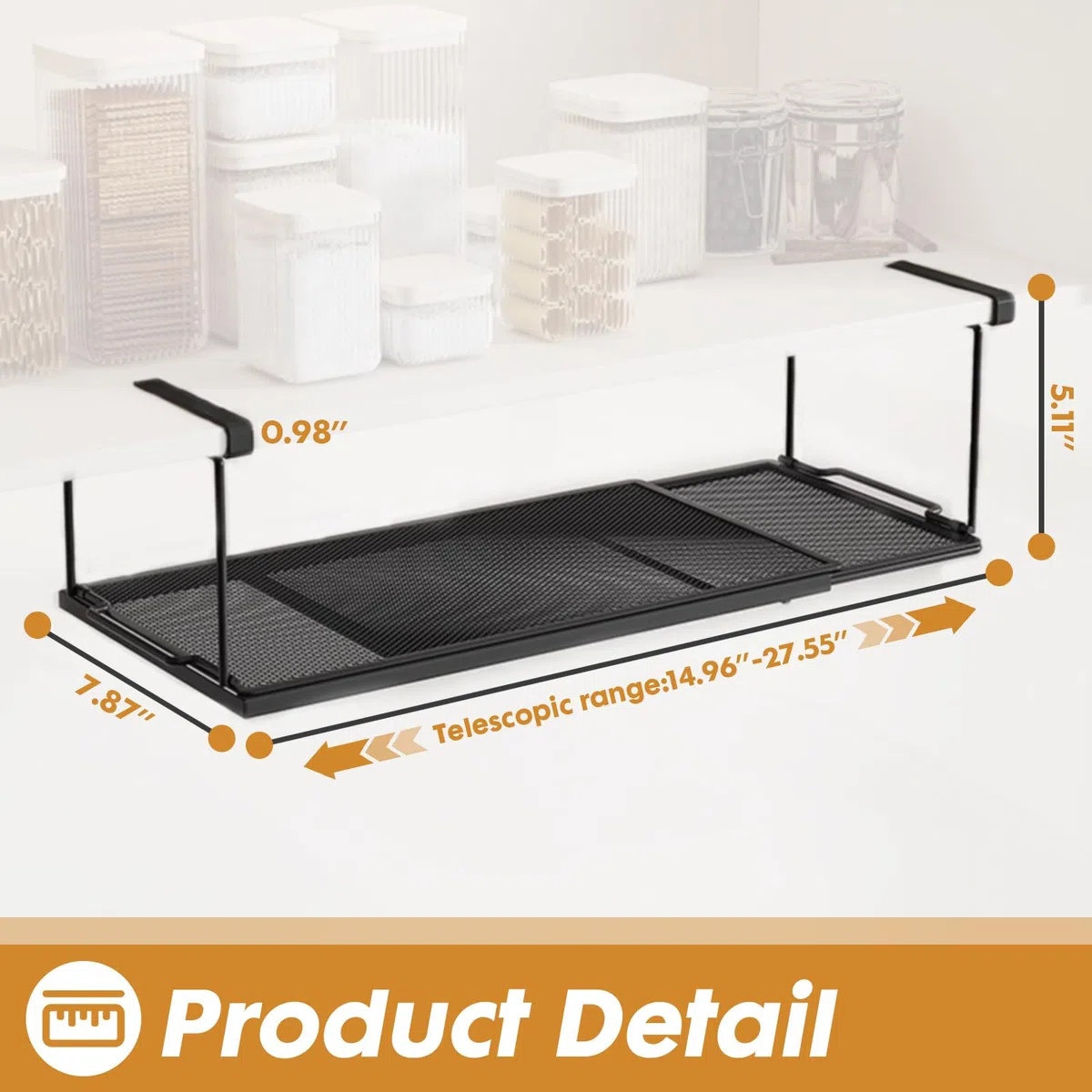 Cesta colgante extensible de metal, estante inferior, cesta de almacenamiento, cesta colgante para estantería, sin agujeros, para cocina, armario, oficina y despensa (negro, estándar)