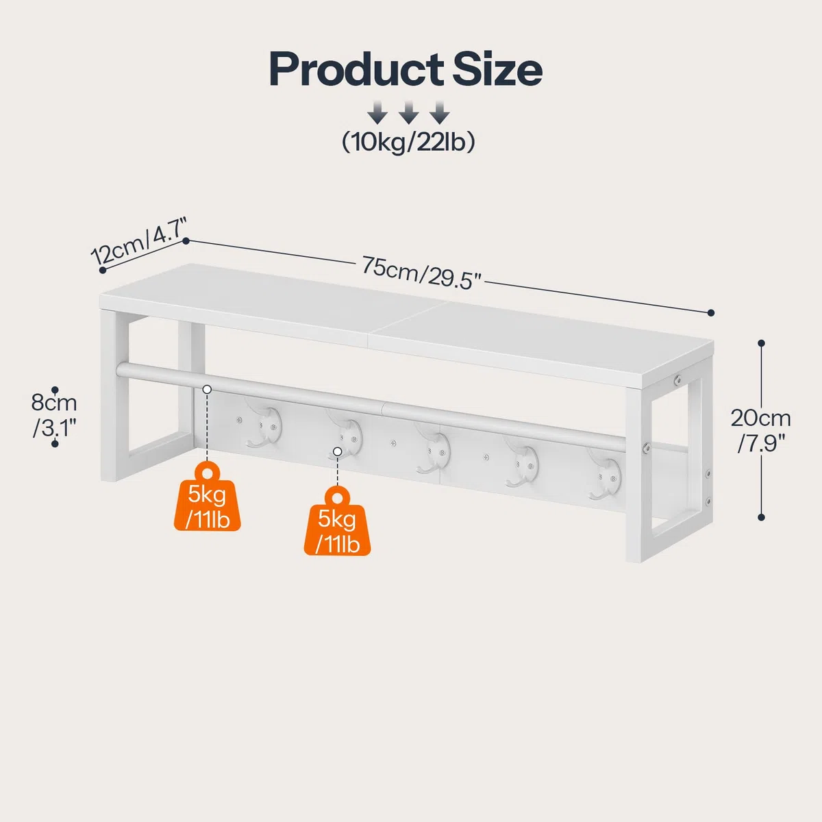 HOOBRO Perchero de Pared con Estante, Perchero Flotante con Barra y 5 Ganchos, Estante Colgante para Paraguas, Sombreros, Bufandas, para Entrada, Pasillo, Sala de Estar, Dormitorio, Blanco EWT78YM01