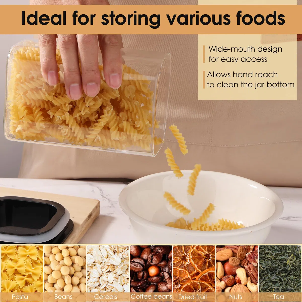 6PCS Tarros de Cristal con Tapa 1000ml/600ml, Herméticos & Apilables - Botes de Cristal con Tapa Cuadrados - Botes Cocina Almacenaje para Pasta, Cereales, Legumbres, Café