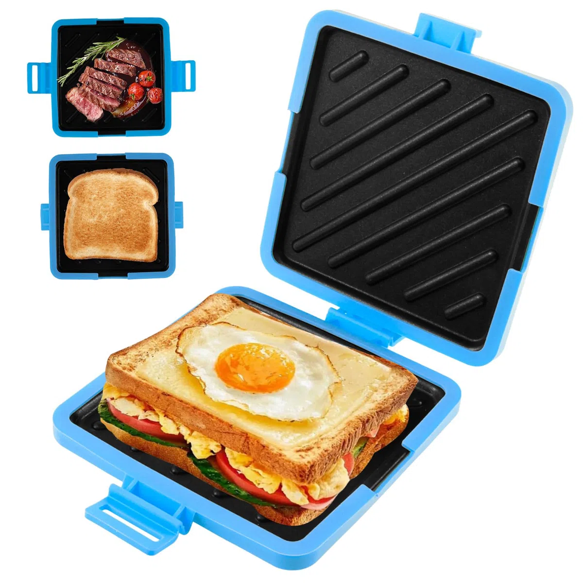 Horno de tostadas de microondas, fabricante de tostadas de microondas inalámbrico silicona sándwich Grill antiadherente y calefacción rápida pan pan para cocinar deliciosos bollos crujientes (azul)