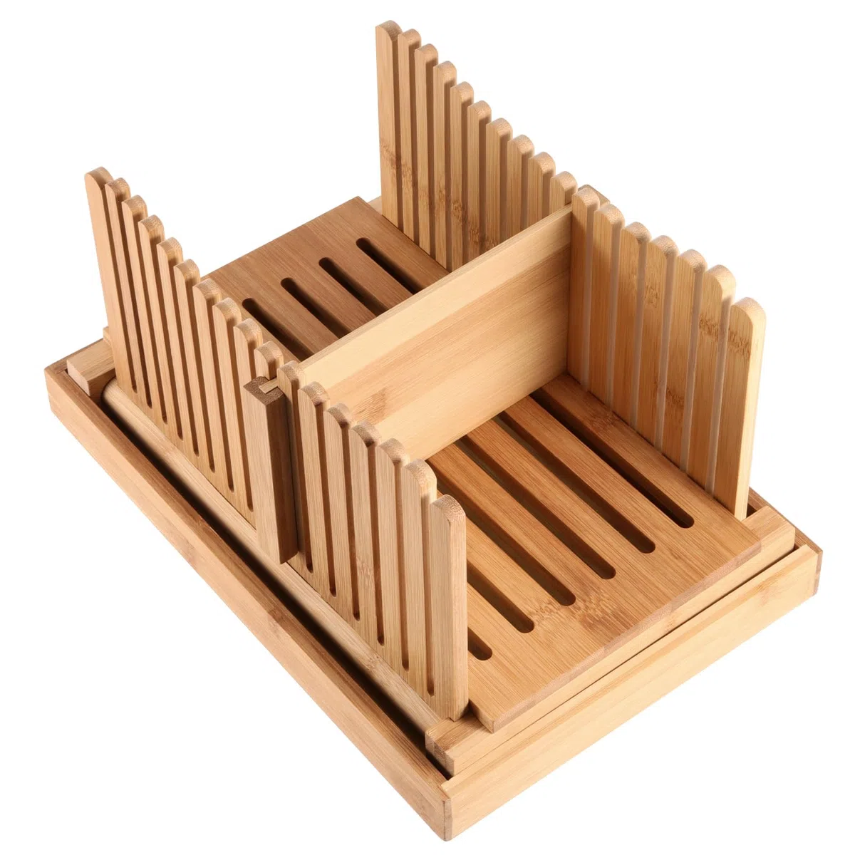 Cortador de pan de bambú, guía ajustable y plegable, bandeja para migas, rebanadoras de madera para pan casero, 31,7 x 23,7 x 19 cm