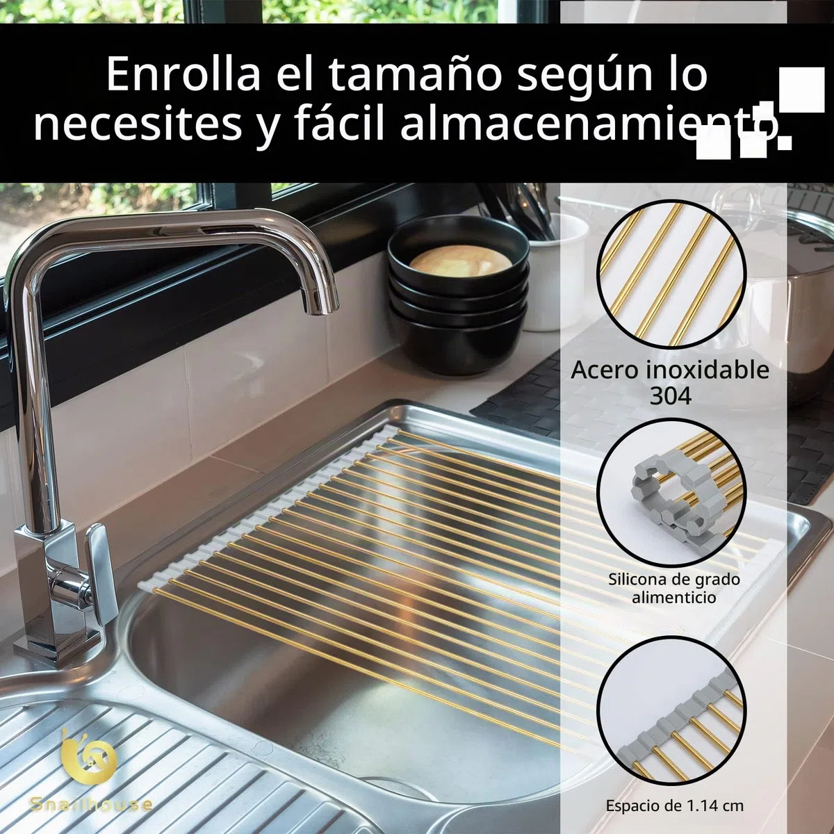 Snailhouse Escurreplatos enrollable, escurridor de platos de acero inoxidable sobre el fregadero con silicona antideslizante para encimera de cocina, dorado (17.8 x 11.8 pulgadas) | Escurreplatos de acero inoxidable sobre el fregadero con silicona antides