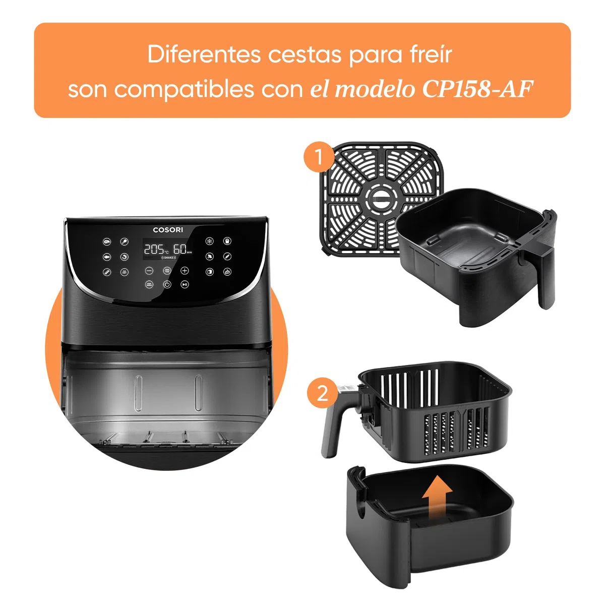 Cosori cesta de 5,7 litros compatible con la freidora Cosori CP158-AF, Revestimiento cerámico, Antiadherente, Aptas para Lavavajillas