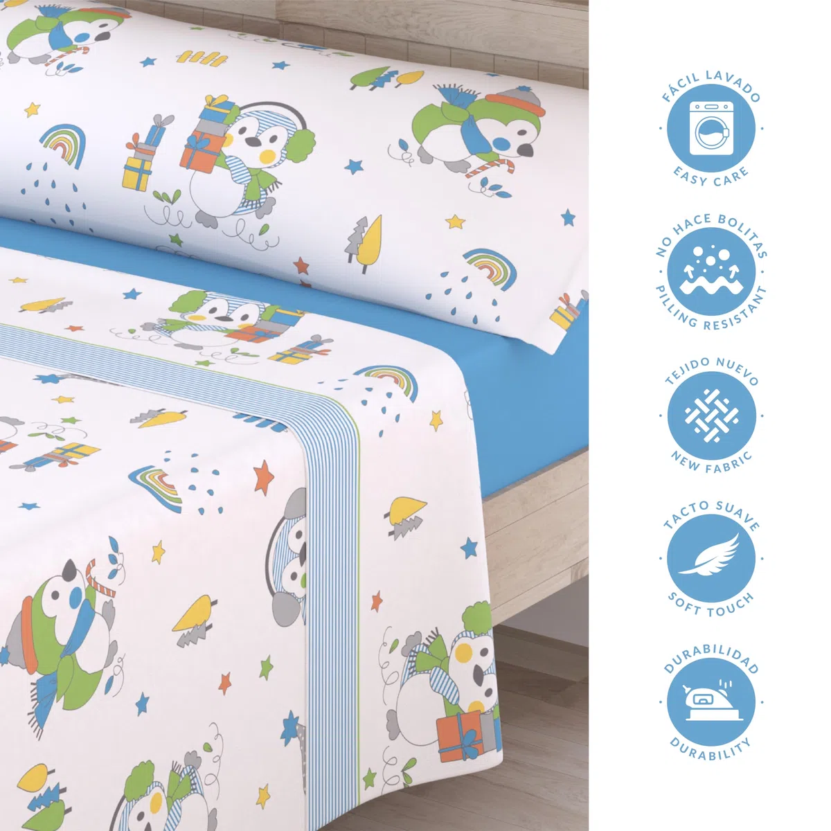 Victorio & Lucchino – Sábanas Infantiles de Coralina con Estampado de Pingüinos | Juego de 3 Piezas | Cálidas, Suaves y Aterciopeladas (Celeste Nuevo, Cama 90cm)