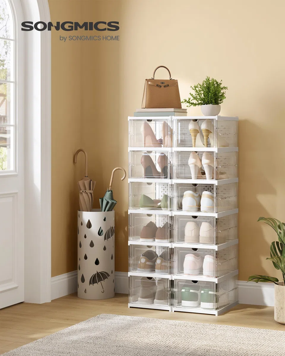 SONGMICS Cajas para Zapatos, Juego de 12 Organizadores Apilables para Zapatos, Juego de 2 Zapatero Plegable y Portátil, hasta talla 46, Montaje en 60s, Transparente y Blanco Nube LSP206W01