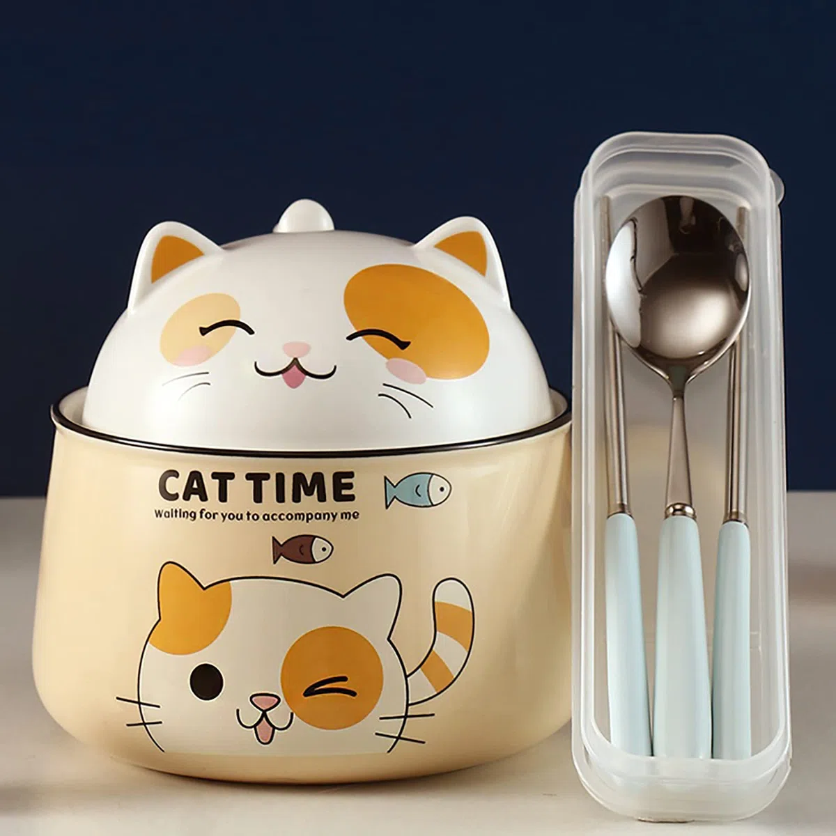 Ramen - Cuenco con tapa, diseño de gato dulce y asa, cuenco de cerámica de 1020 ml