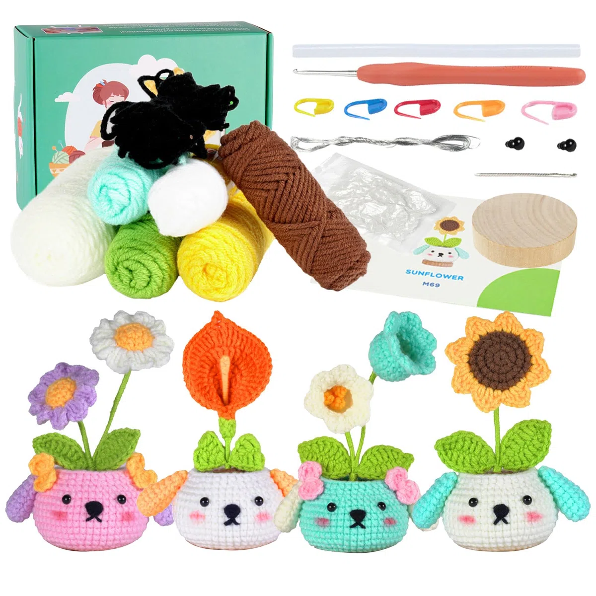 RoseFlower crochet kit principiantes, paquete de 4 plantas en maceta, kits de inicio de crochet con videotutoriales paso a paso, kit de animales de crochet para tejer a mano para adultos