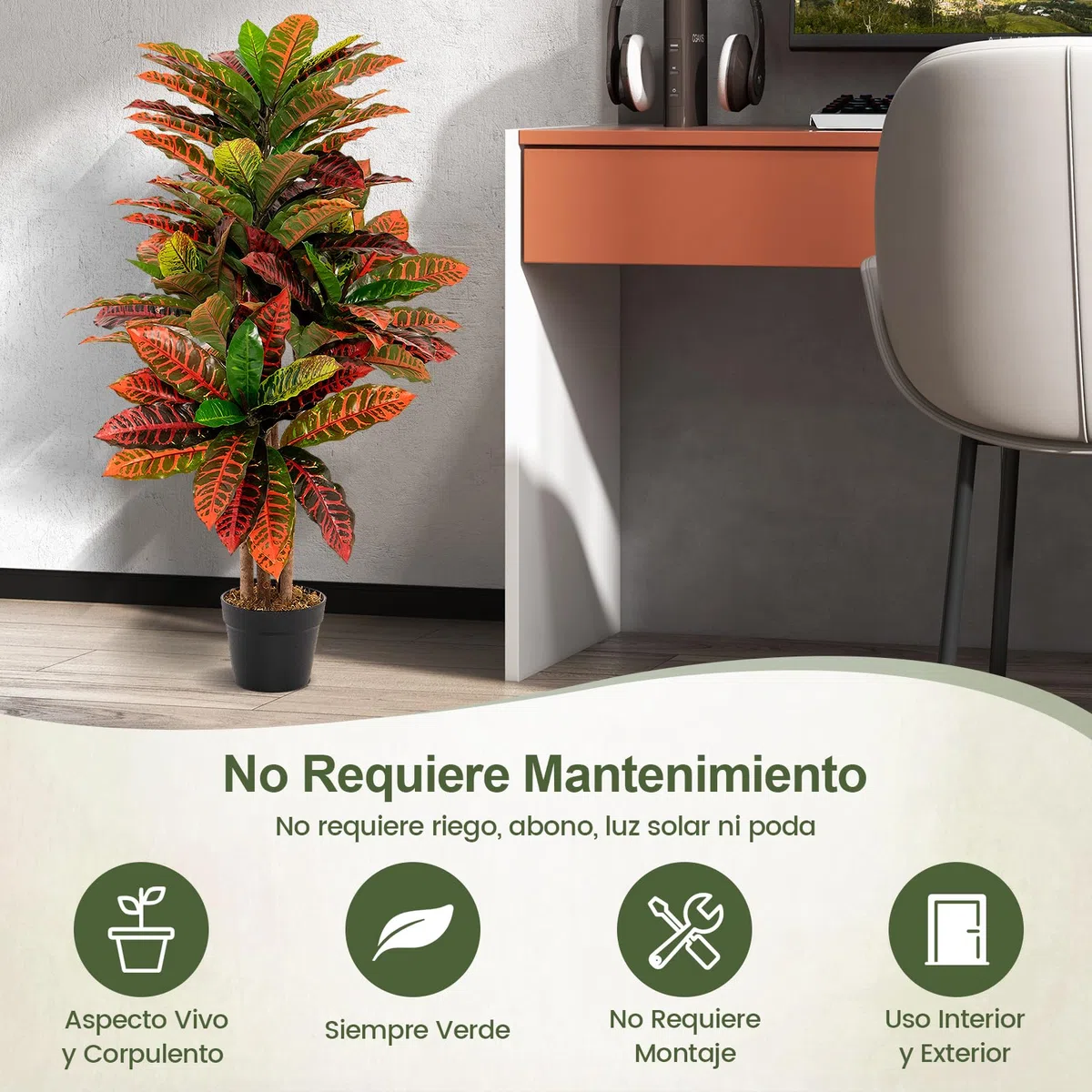 RELAX4LIFE Planta Artificial Decorativas 100 cm, Planta Artificial de Crotono con 71 Hojas Grandes, Tronco de Madera y Maceta, Planta Artificial para Salón, Oficina y Hogar, Ø67x100cm (Verde+Rojo)