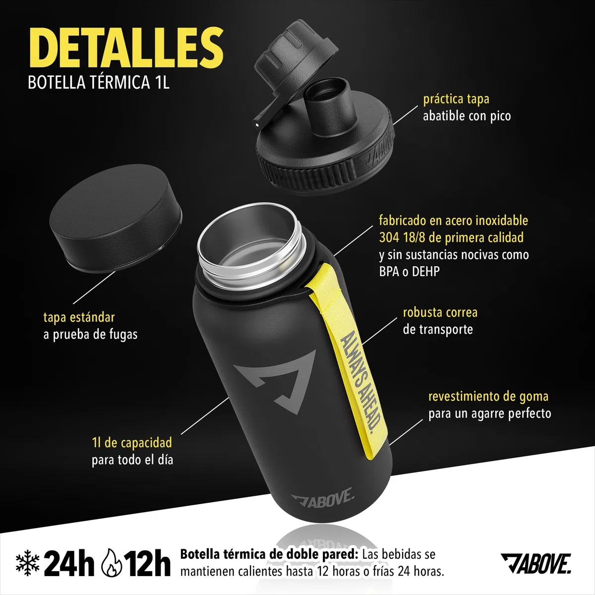 ABOVE. Botella Termica 1L de Acero Inoxidable – Sin BPA, Antifugas y Resistente – Mantiene Calor 12H y Frío 24H – con 2 Tapas ideal para Deporte y Exterior con Caja de Regalo (Negro)