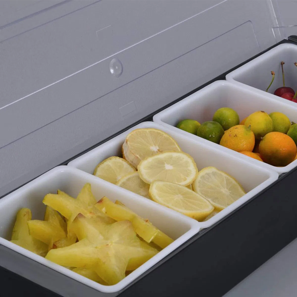 Contenedor de ingredientes ABS con tapa, recipiente para especias y ingredientes, 6 compartimentos de 200 ml, para limones, frutas, aceitunas y cócteles, pizza