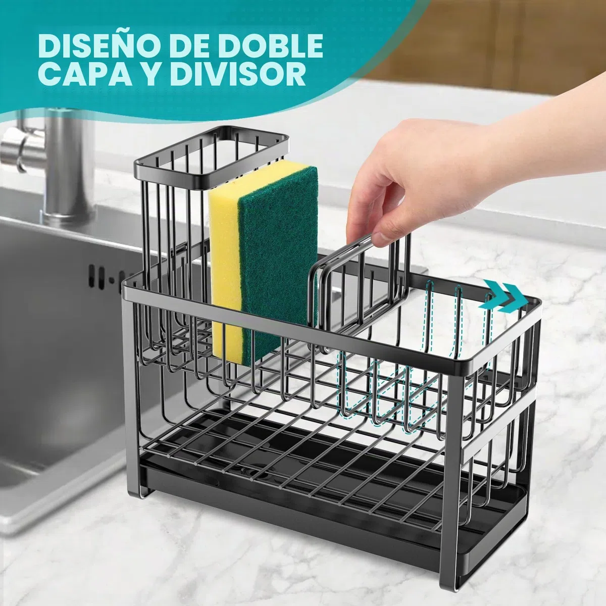 Sinnsally Organizador de fregadero de cocina, 2 niveles para fregadero de cocina, soporte de esponja, organizador de acero inoxidable, soporte para detergente, organizador de cocina, utensilios de