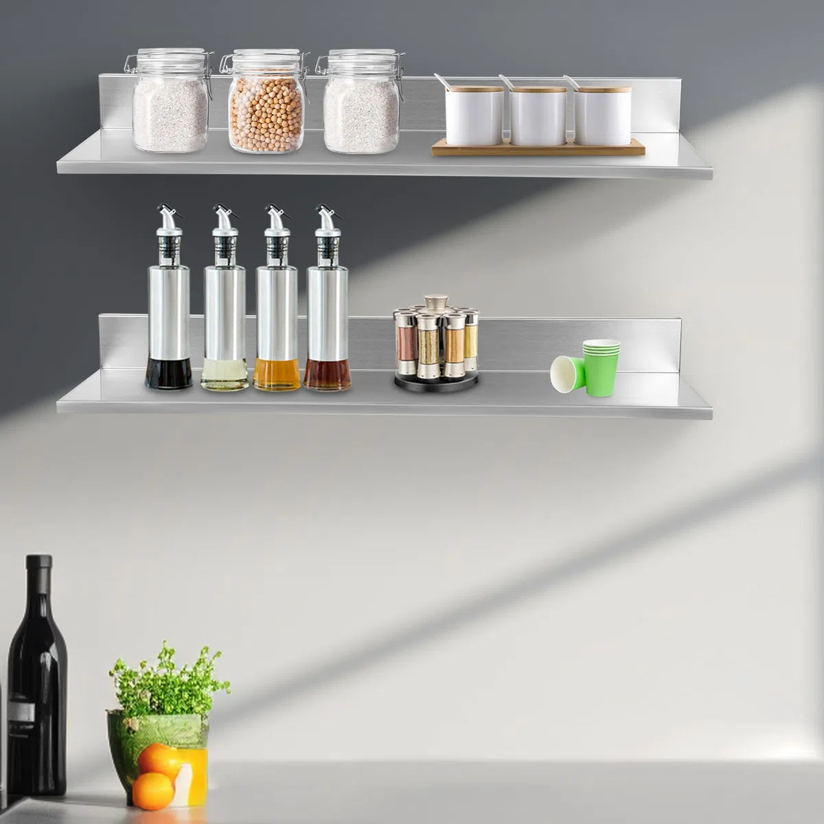 Estantería para especias de pared de acero inoxidable, juego de 2 unidades, estante para especias colgante, 18 kg, estante de cocina para especias, soporte para utensilios de cocina, montaje en