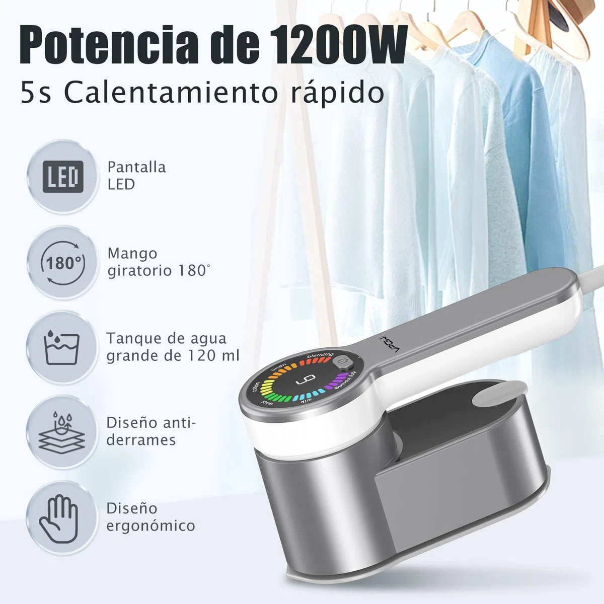 Plancha Vertical Vapor Planchas Viaje: 1200W Steamer Portátil de Mano para Horizontal y Vertical Calentamiento Rápido - Mini Planchas Modo de planchado en seco y 5 Modos de Vapor - Para Hogar y Viajes