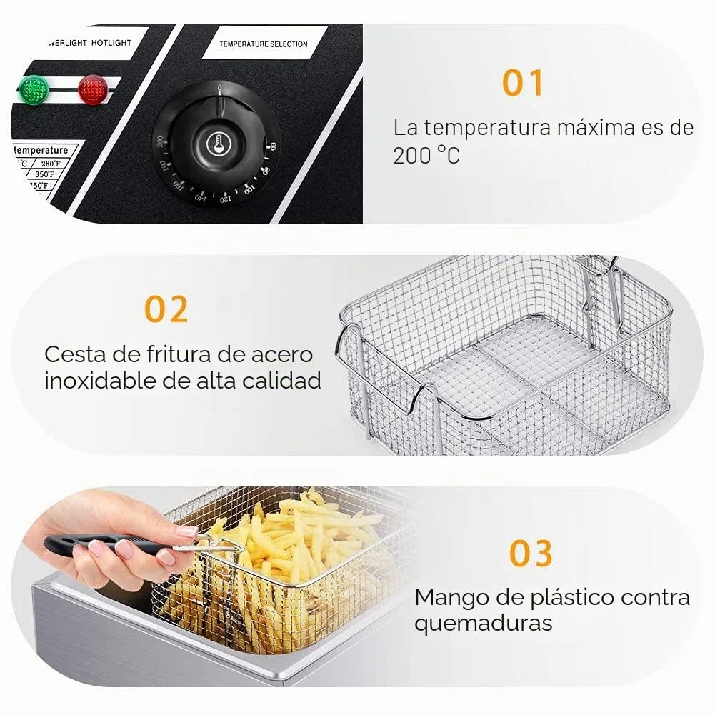 Freidora Industrial Eléctrica de Acero Inoxidable, 6L, 220-240V, con Regulador de Temperatura y Canasta, para Uso Comercial y Doméstico