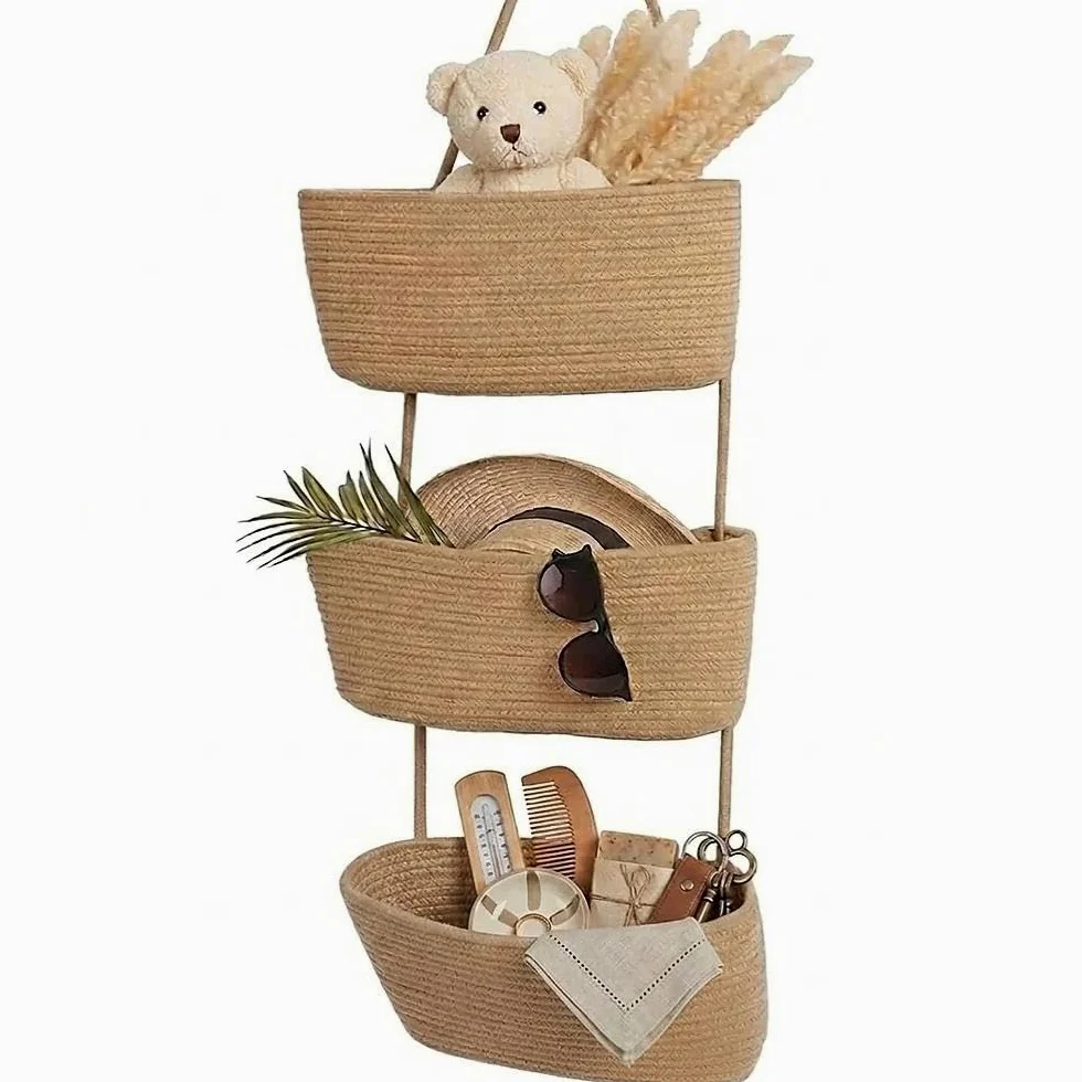Organizador colgante para puerta y pared, cesta colgante de 3 niveles de cuerda de algodón tejida, sistema de almacenamiento decorativo para baño, habitación infantil y dormitorio (B-caqui)