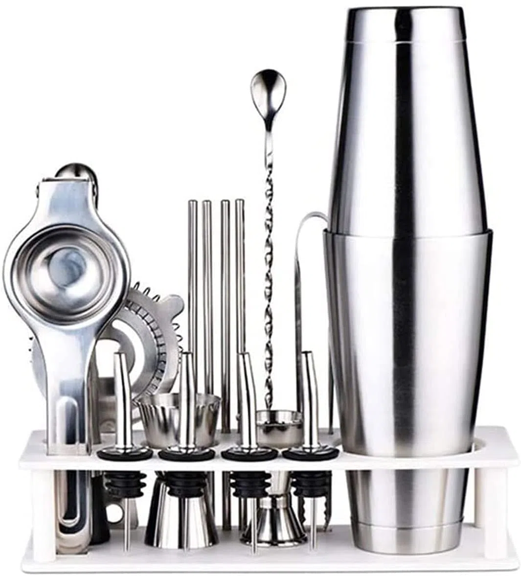 Juego de coctelera con Soporte, 16 Piezas, 750 ml, Kit de coctelera de Acero Inoxidable con Soporte, Kit de coctelera, colador, Jigger y mortero
