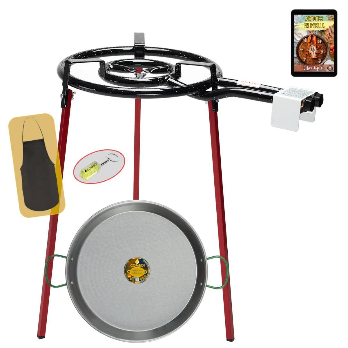 COMBOI Paellero Gas Butano 40 cm Kit Quemador con Paellera de 46 cm Soporte de 3 Patas Nivel Delantal Libro de Recetas Digital
