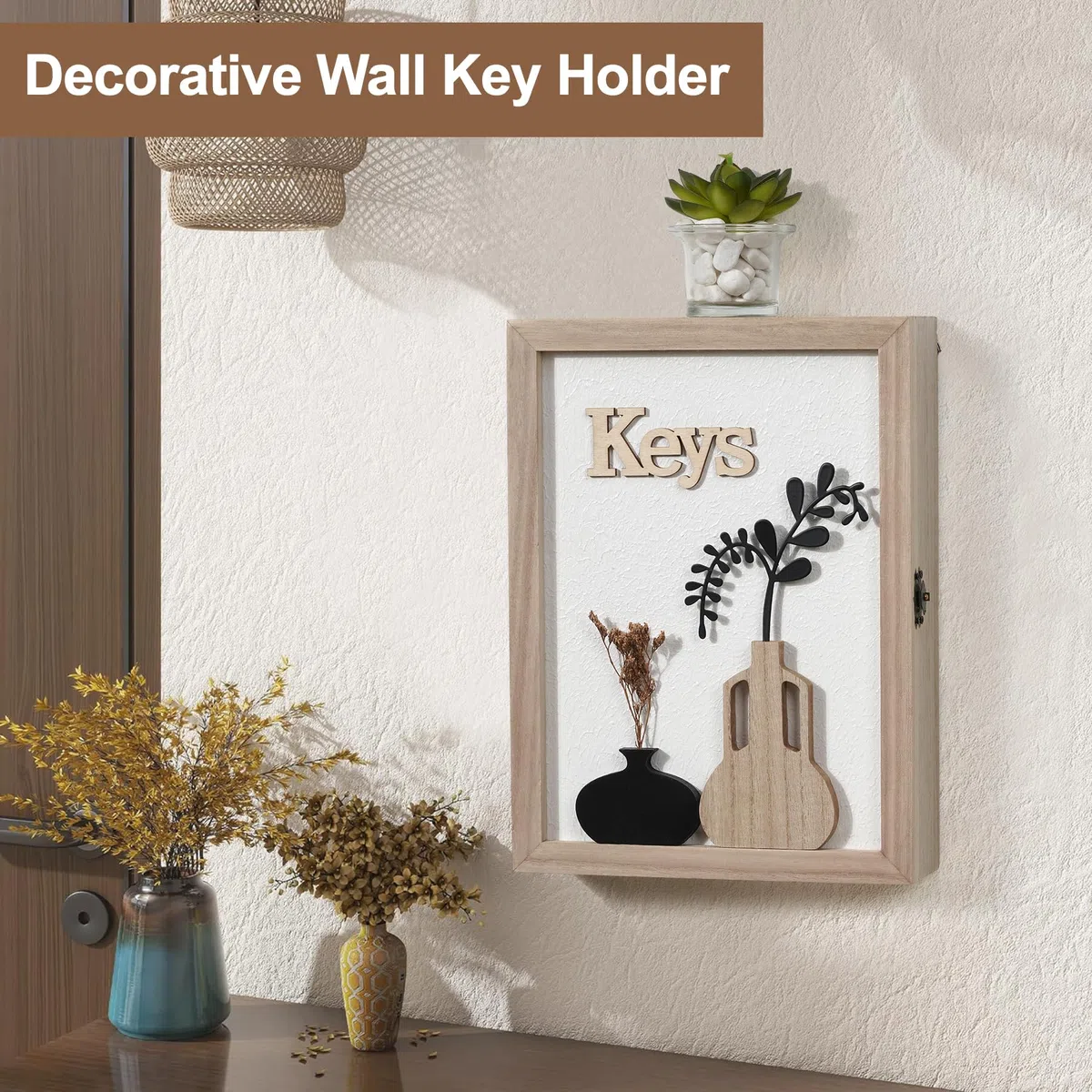 Caja para llaves de madera con jarrón 3D y flores secas, 6 ganchos para llaves, organizador de pared para entrada, pasillo, oficina, color blanco