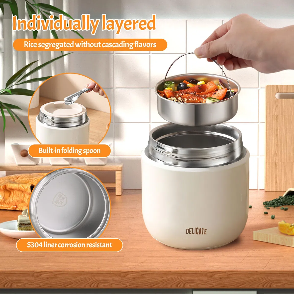 volumoon Recipiente Térmico para Comida 1200ml, Acero Inoxidable con Cuchara Plegable, Fiambrera Térmica con Compartimento y Tapa Hermética, Ideal para Sopa, Papilla, Oficina, Escuela, Viajes (Verde)