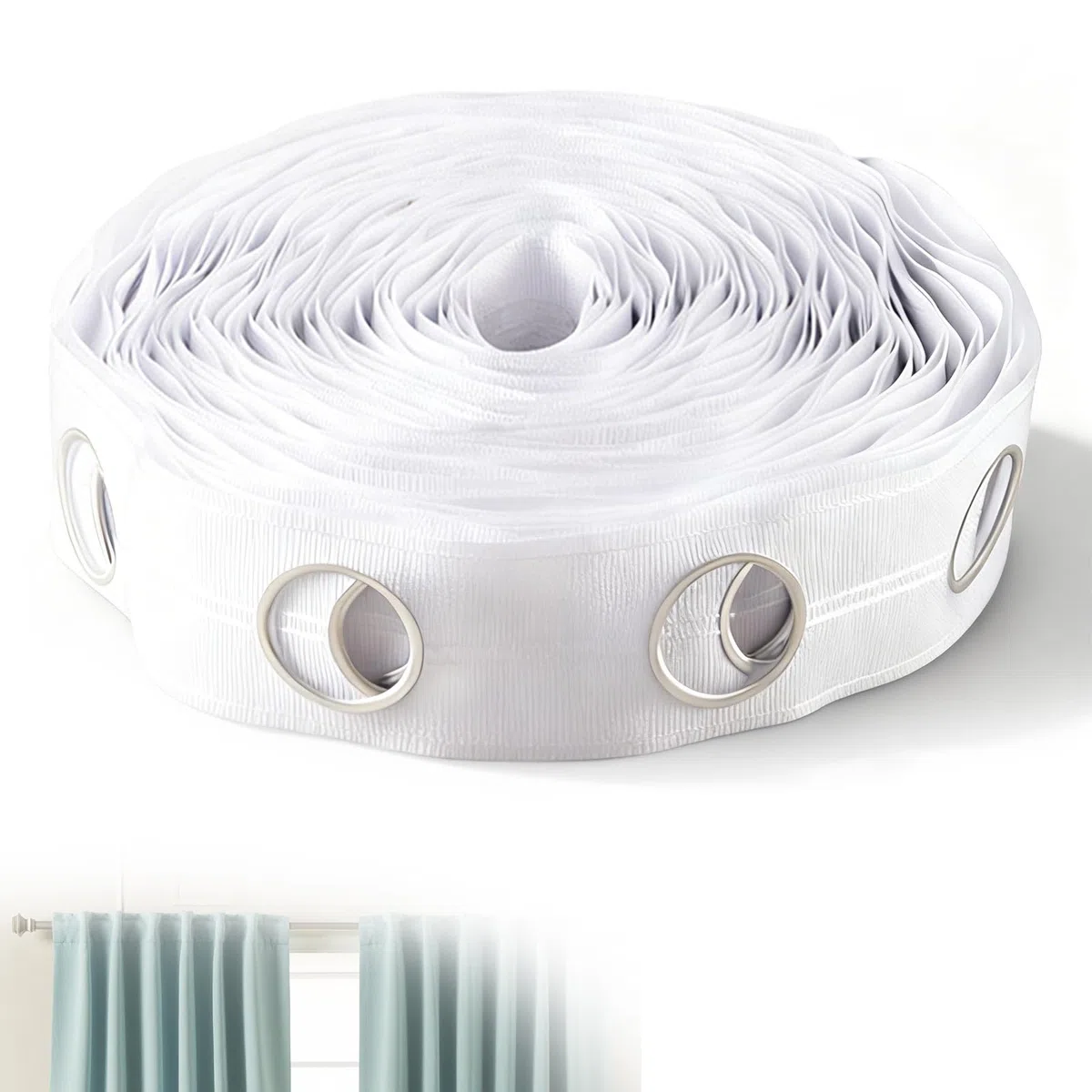 Cinta de cabecera de cortina blanca de 12 m con 96 anillos de ojales (42 mm de diámetro interior) para decoración de cortinas perforadas del hogar