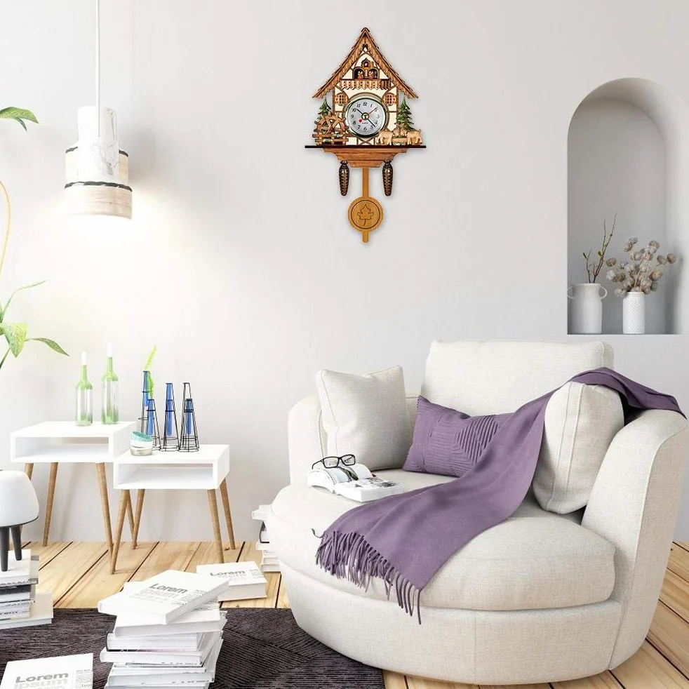 Eujgoov Reloj de Pared Cuco de Madera Estilo Tradicional del Noroeste de Europa con Campana Oscilante Automática Funciona con Pilas para Sala y Dormitorio Reloj de Cuco Antiguo Decorativo