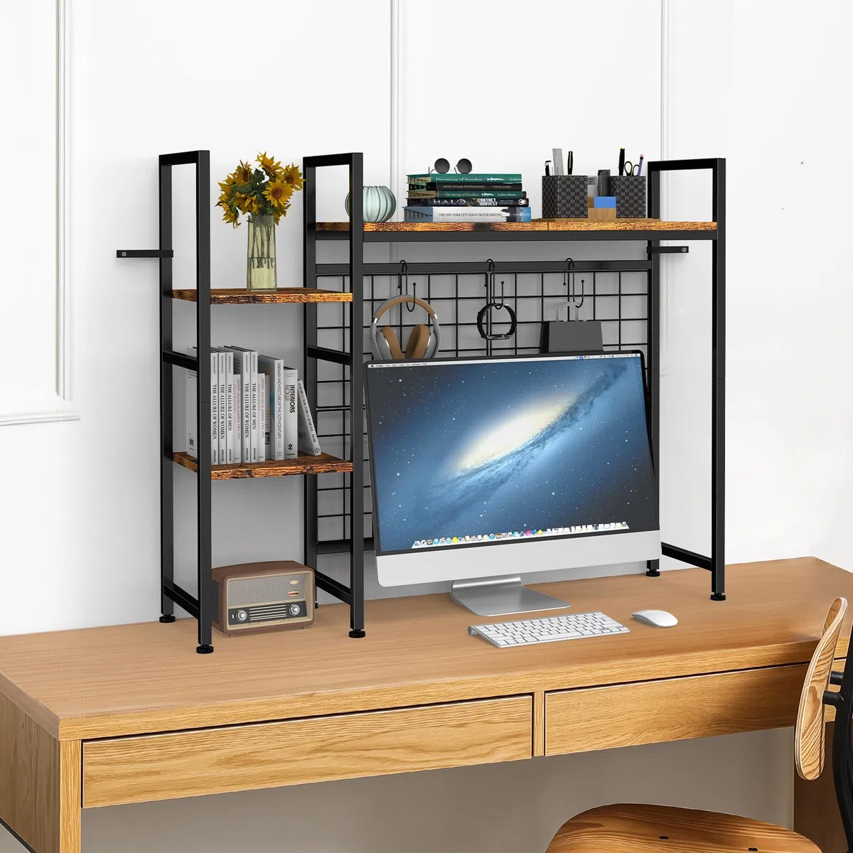 YBING Estantería de escritorio, estantería de libros, estantería de mesa con 4 estantes y compartimento abierto, estante de escritorio para ordenador, estantería multifuncional de madera para el hogar