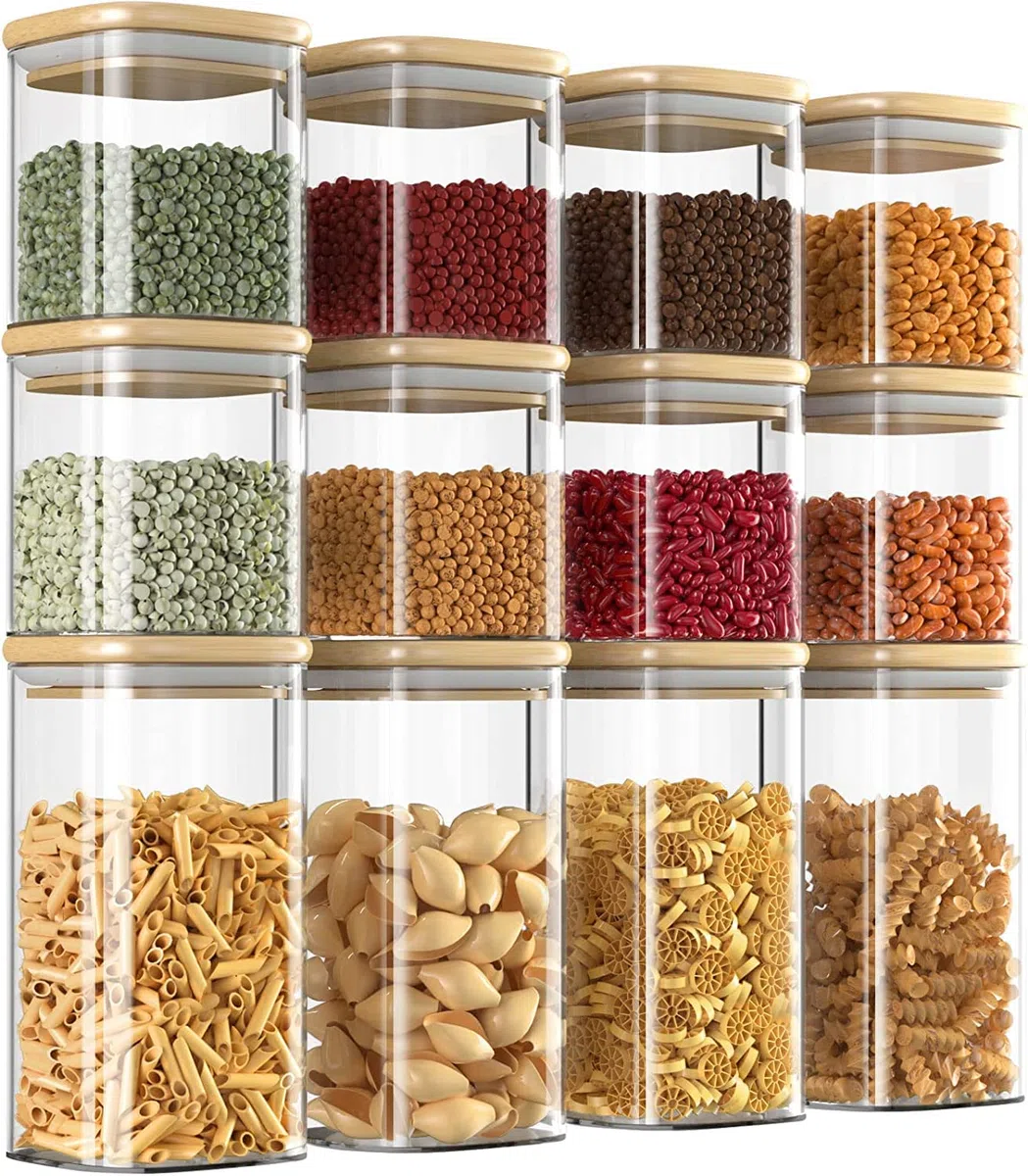 Tarros de almacenamiento de vidrio con tapa de bambú, paquete de 12 tarros herméticos para alimentos, recipientes de almacenamiento de cocina transparentes para especias, harina, galletas y semillas