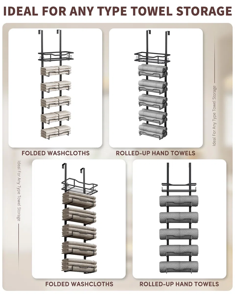 Toalleros Colgantes para baño, sin Taladro, Organizador de Almacenamiento de Toallas de baño sobre la Puerta, Soporte Vertical para Toallas enrolladas, Caravana, Ideas de baño pequeñas, Color Negro