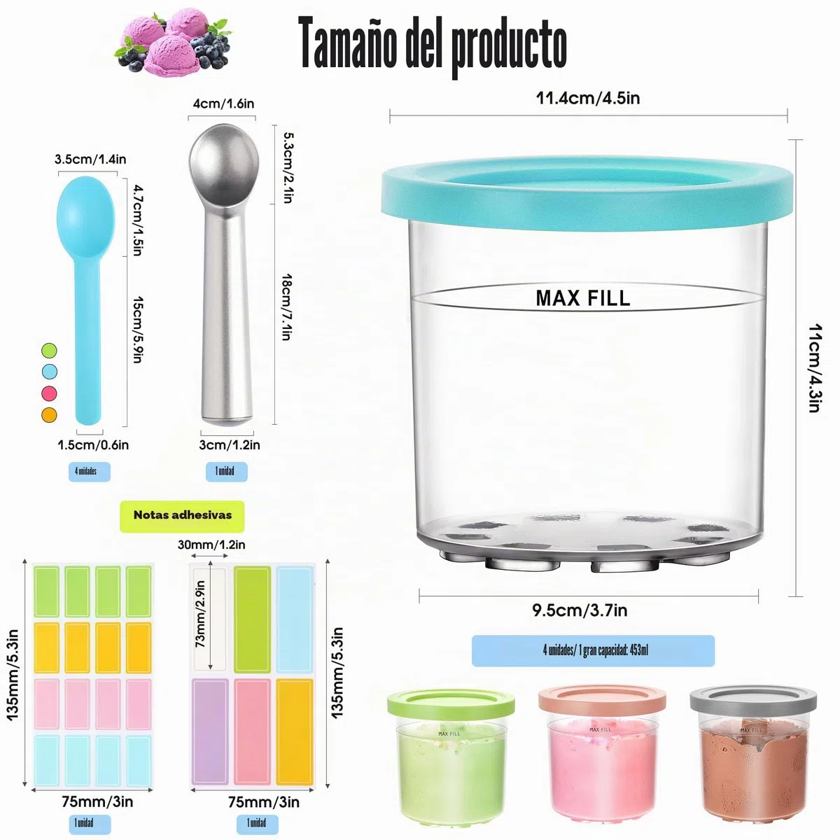 4 Recipientes de Helado para Ninja Creami, Para Ninja Creami Ice Cream Maker NC301 NC300 NC299AMZ NC305A NC301CO Series, Con tapa y cuchara, 453ml, Sin BPA, Apto para lavavajillas