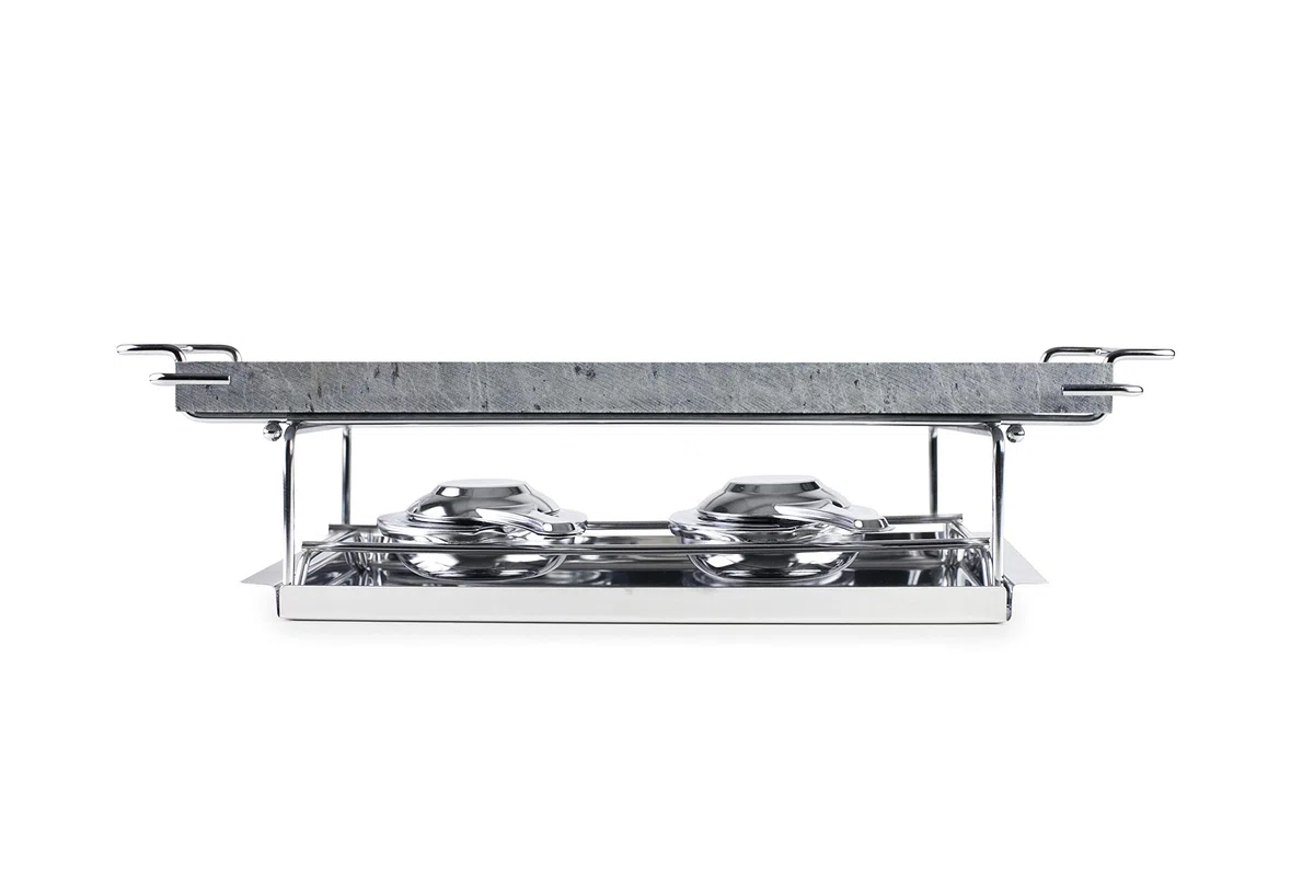 IBILI 755000 Grill Piedra, Acero Inoxidable, Incluye Piedra con Soporte, Bandeja y 2 lamparillas, Plata, 37 x 18 cm
