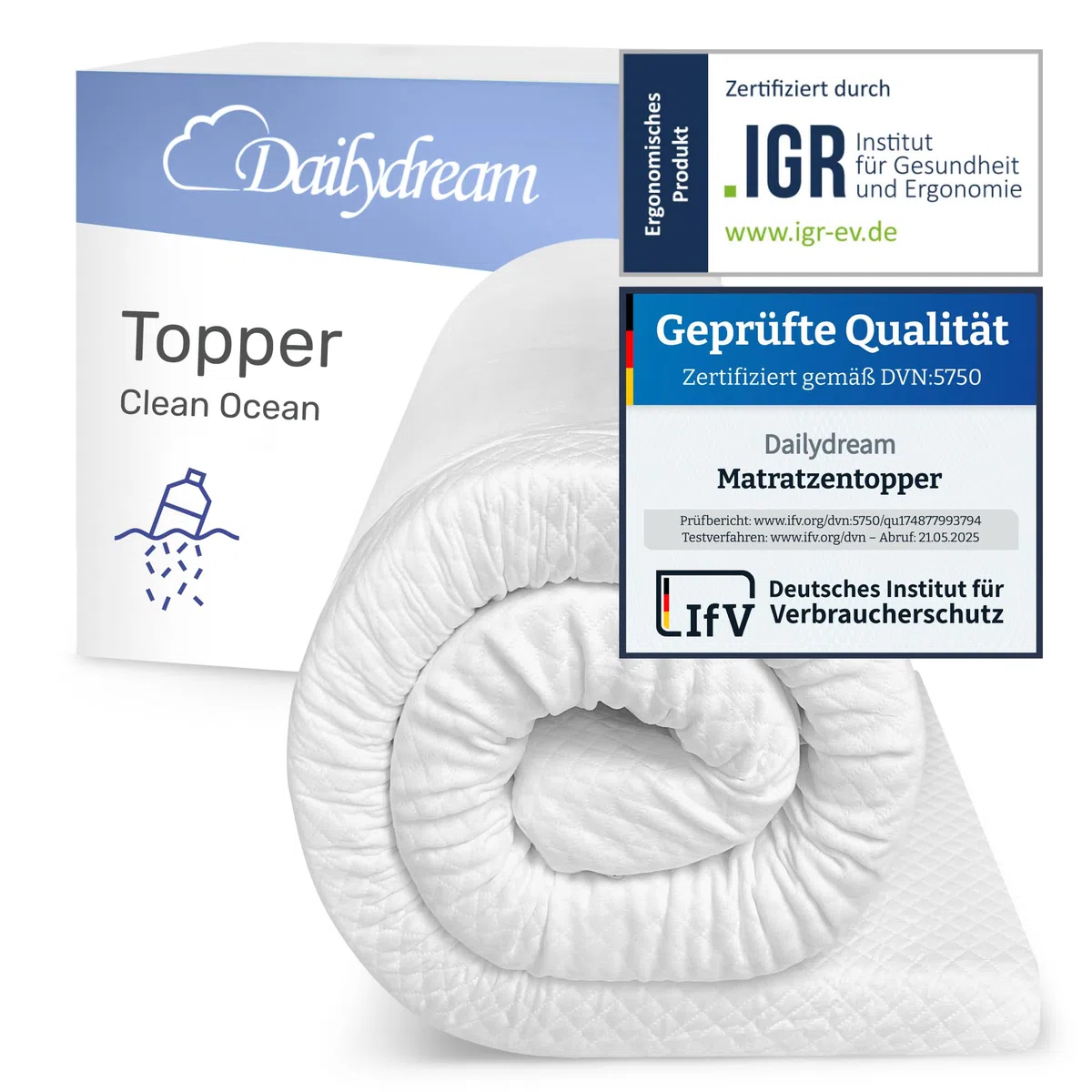 Dailydream Topper viscoelástico para colchón de 140x200, Grosor 5cm, Sobrecolchón Memory Foam, Edition Clean Ocean, Model M, Cubrecolchón de Espuma, Espuma viscoelástica, Espuma Memoria, Topper Sofa