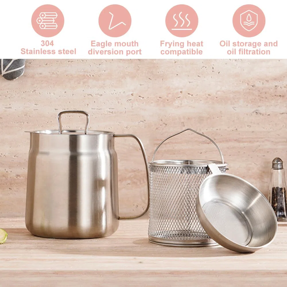Olla de Filtro de Aceite de Acero Inoxidable, 2L Contenedor de Grasa con Colador de Malla Fina y Cesta para Freír, Protector de Grasa de Tocino, Versátil Recipiente Aceite para Cocina