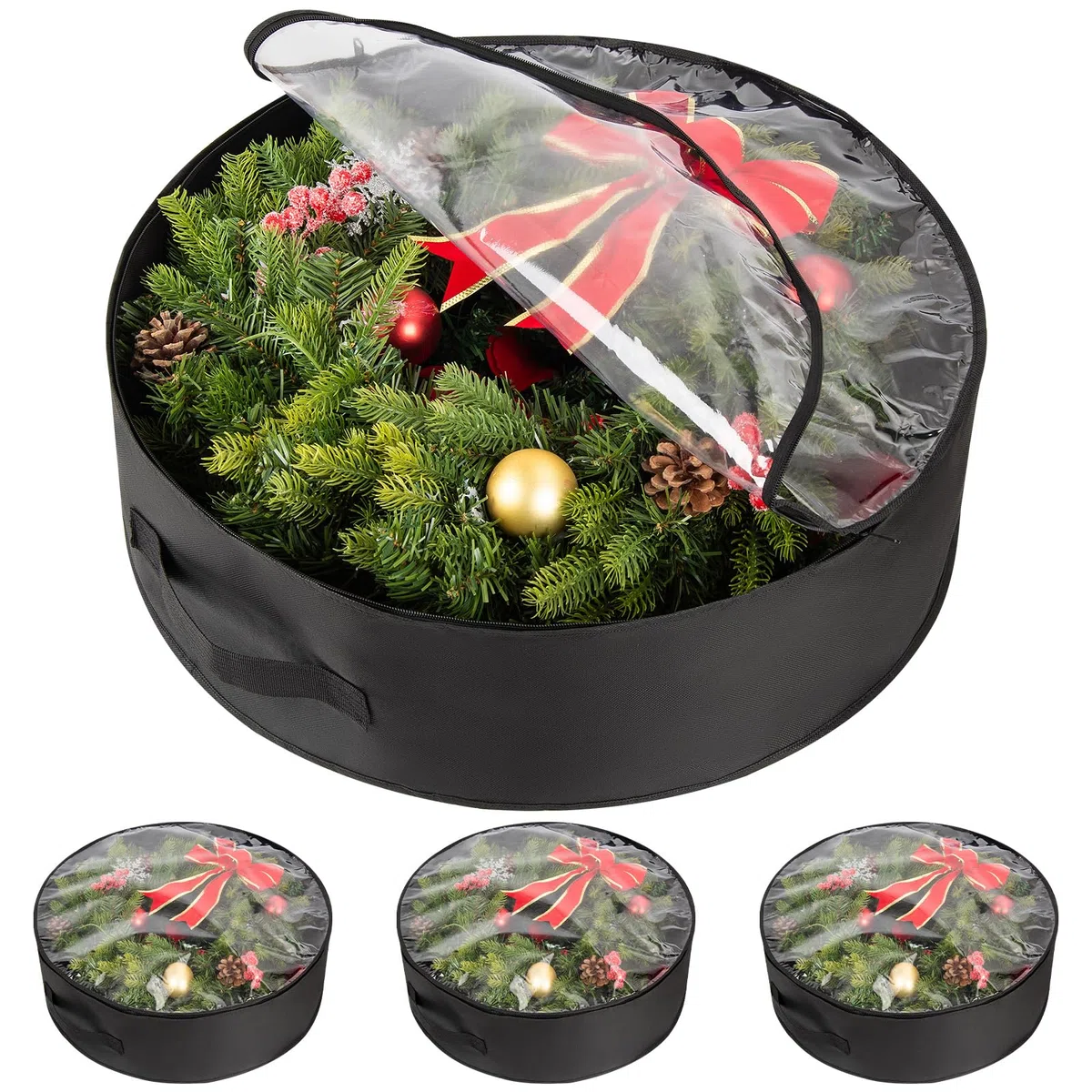 Paquete de 3 bolsas de almacenamiento de corona de Navidad con ventana transparente – Organizador impermeable negro de PE/PVC para decoración navideña, guirnaldas y adornos | Cierre de cremallera y