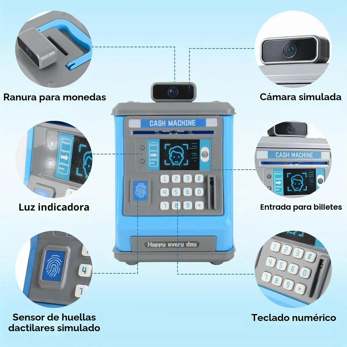 Hucha Electrónica para Niños y Niñas con Contraseña y Huella Dactilar, Cajero Automático de Juguete con Succión Automática, Huchas Originales Educativas, Regalo de Cumpleaños, 18x14x14cm, Azul