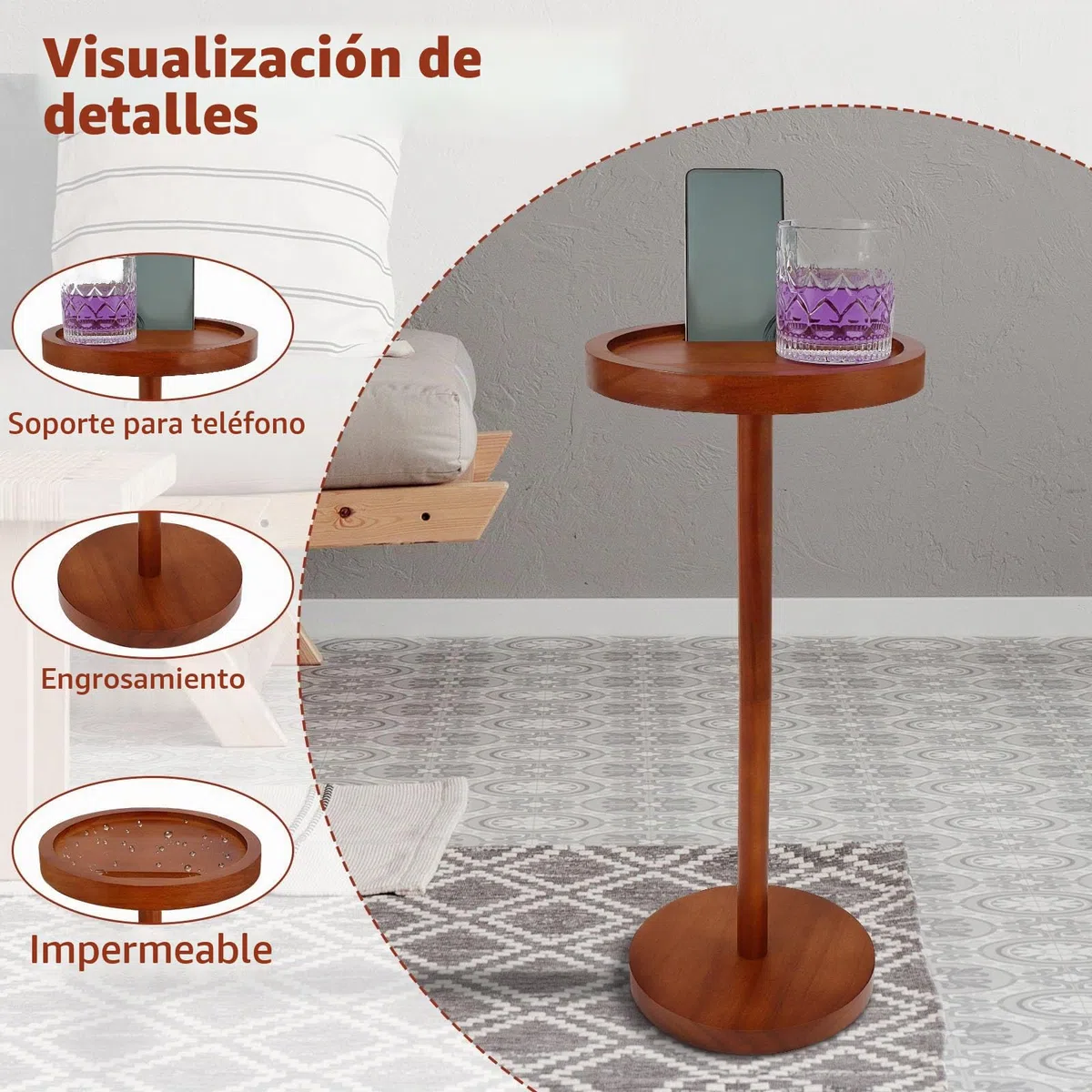 NIHUIFDPY Mesa auxiliar pequeña redonda de madera con soporte para teléfono, 23,8 x 55 cm, mesita de noche, sofá, mesas auxiliares para espacios pequeños, sala de estar, dormitorio, balcón y patio