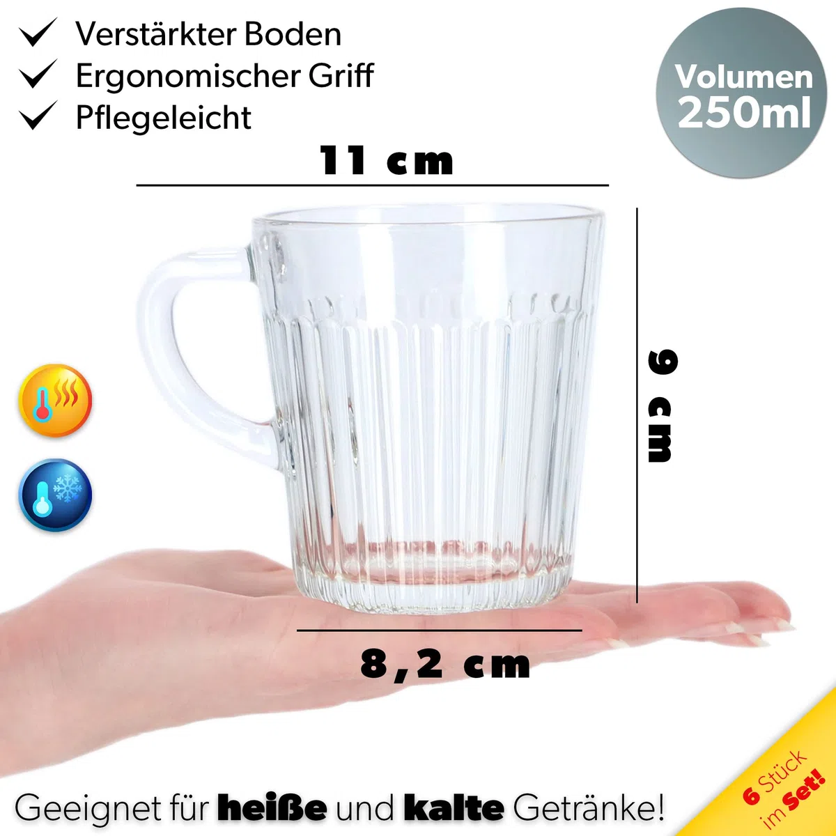 KADAX Tazas de Cristal 250ml, Vasos de Vidrio Transparente con Asa para Café, Té, Capuchino y Bebidas Calientes, Aptos para Lavavajillas (Juego de 6)