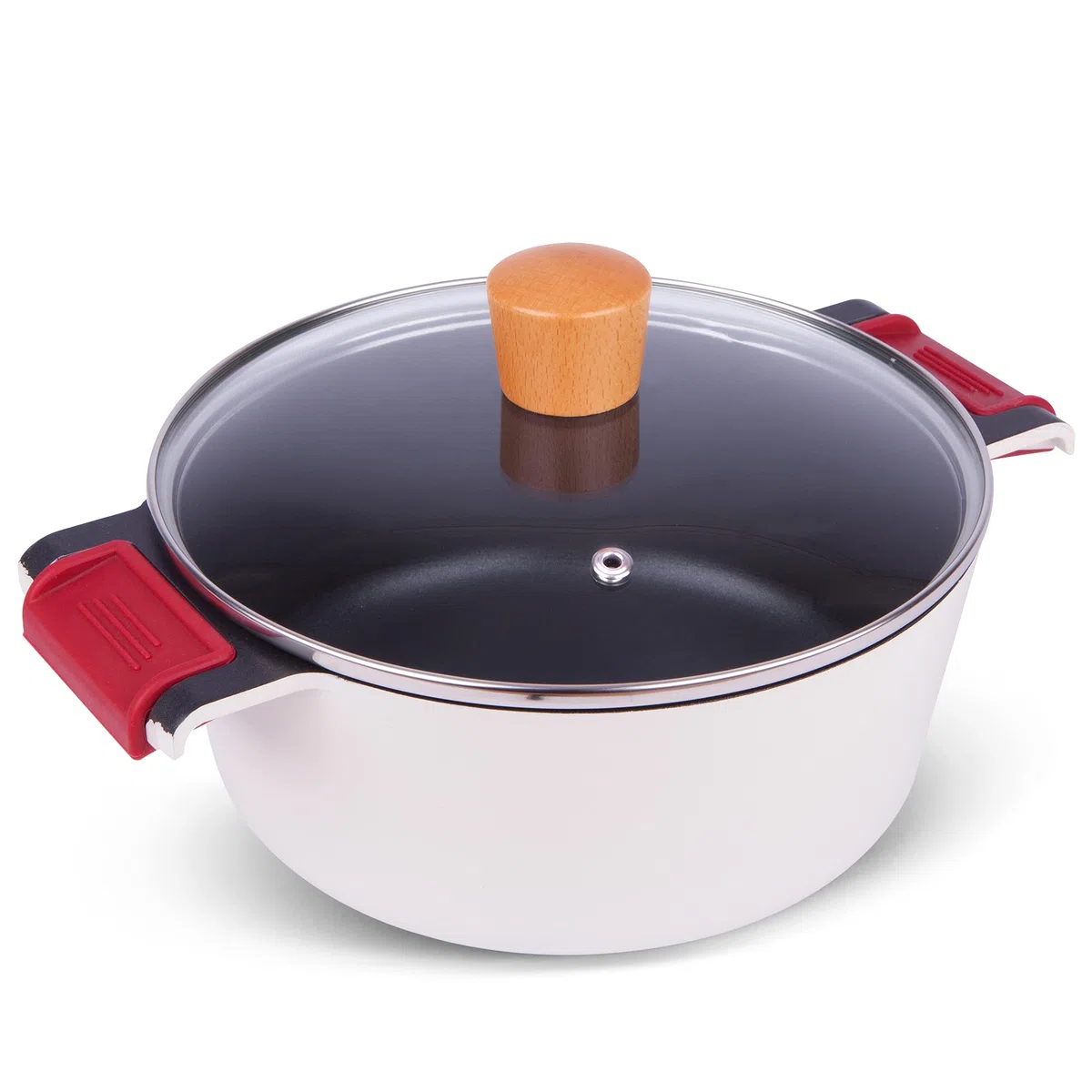 La Moustache - Cacerola Alta 24 cm, Aluminio Fundido con Antiadherente y Antirayaduras para Todas las Cocinas, Incluida Inducción, Sin PFOA, Tapa de Cristal, Asas de Silicona Ergonómicas (Blanco)