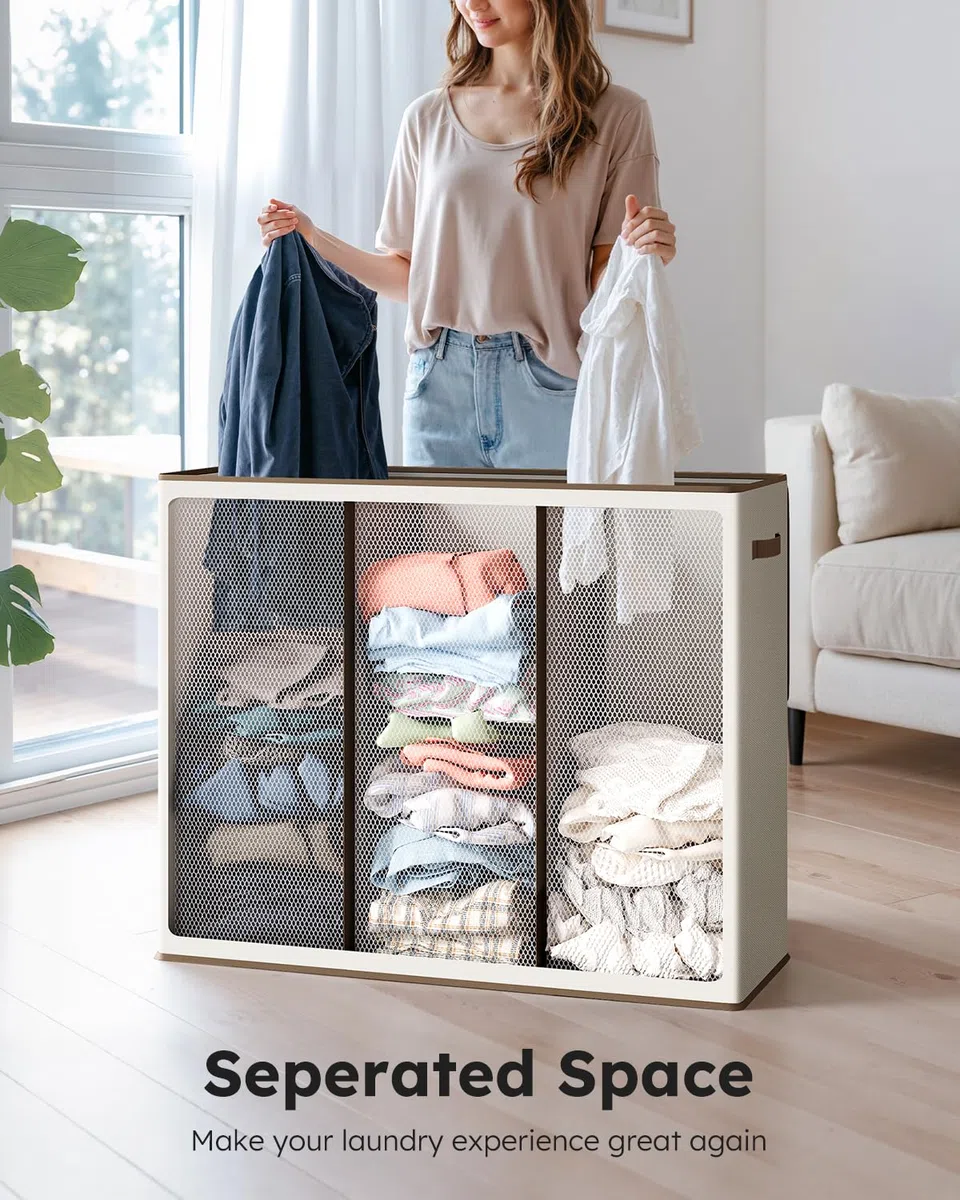 SOLEDI Cesto de ropa sucia de 180L de 3 secciones, cesto de ropa sucia extragrande con tapa, cesto de ropa sucia con asa resistente, organizador de cesto de ropa grande para cuarto de lavandería