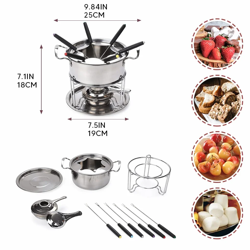 Set de Fondue de Queso para 6 Personas Fondue de Acero Inoxidable Hogar DIY Fondue de Carne y Queso Juego de Fondue con Quemador Perfecto para una Fiesta de Vacaciones（Plata o2）