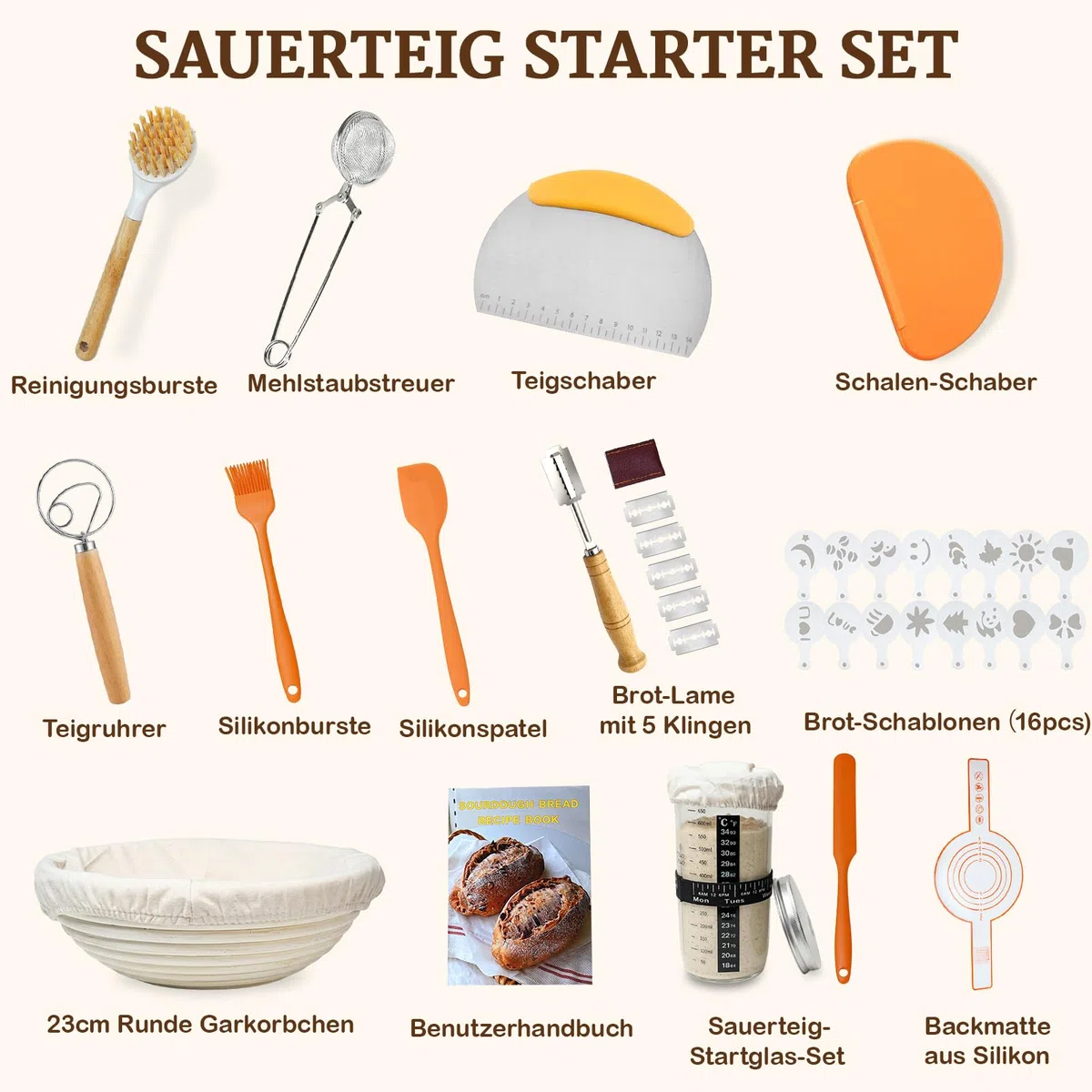 Banetones Para Pan Traje De PanaderíA, 13PCS Traje De Pan Fermentado De Agrio, Juego de cestas de prueba de pan, juego de iniciación de masa madre, tarro de fermentación, accesorios para hornear pan