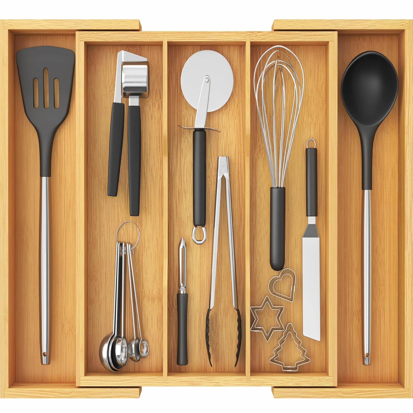 Lifewit Organizador Cajon de Utensilios Cocina, Bandeja para Cuchillos Extensible,Bambu Separador Set Cubiertos, Ajustables Divisores para Almacenaje Herramientas y Gadgets de Espátula, Grande Natural