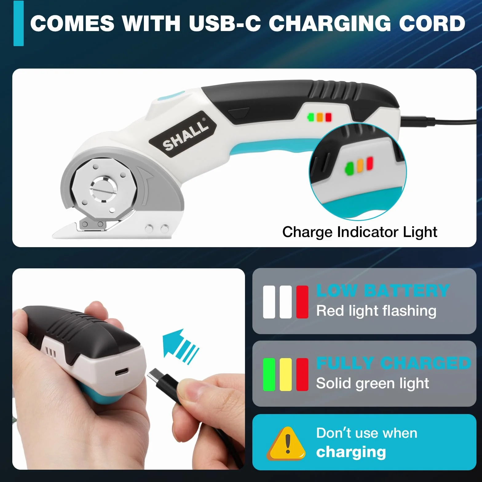 Shall Tijeras eléctricas inalámbricas de 4 V con bloqueo de seguridad, luz LED y hoja de repuesto, cortador giratorio recargable para tela, cuero, alfombra, cartón y plástico, blanco y azul